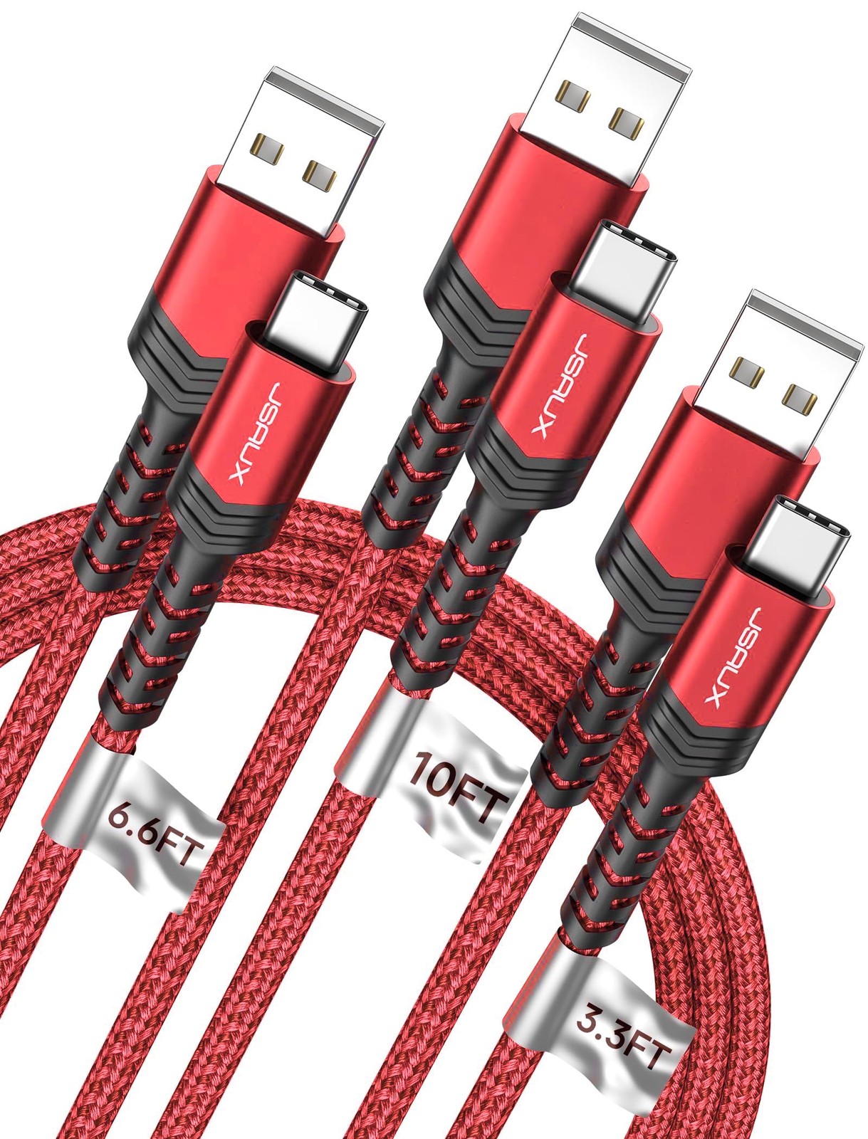 JSAUX USB C Cable Fast Charging, 3-Pack 3.3ft+6.6ft+10ft, Red 