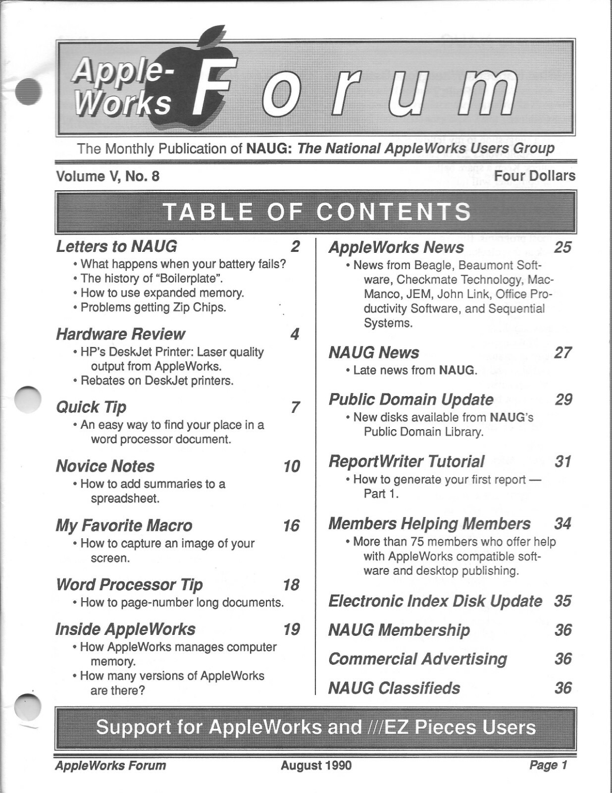 AppleWorks Forum Magazine, August 1990 for Apple II II+ IIe IIc IIgs