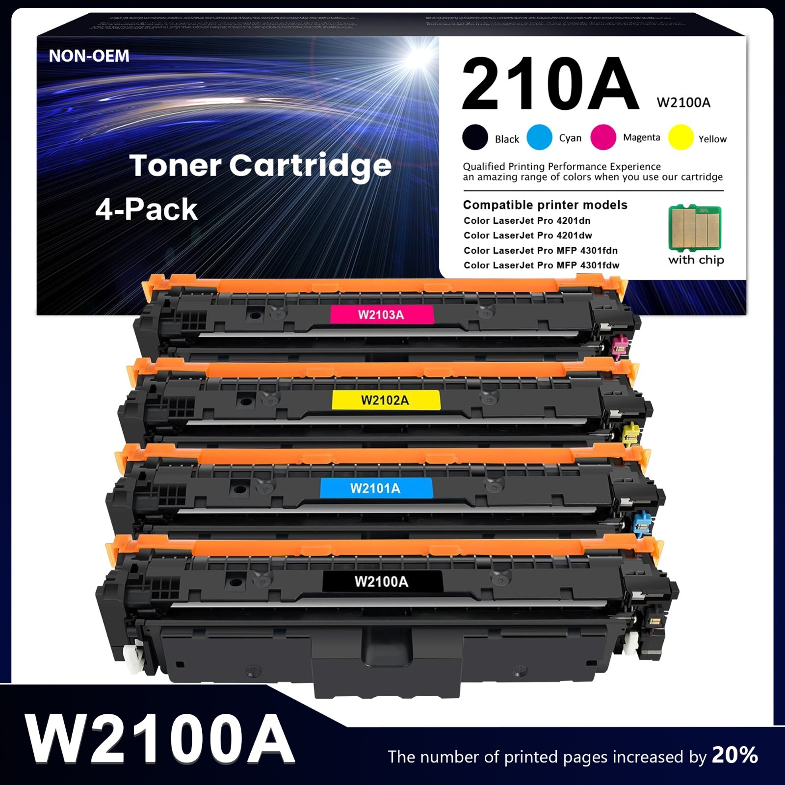 4PK W2100A 210A 210X Toner High Yield W/Chip for HP 4201dn 4301fdw W2100X