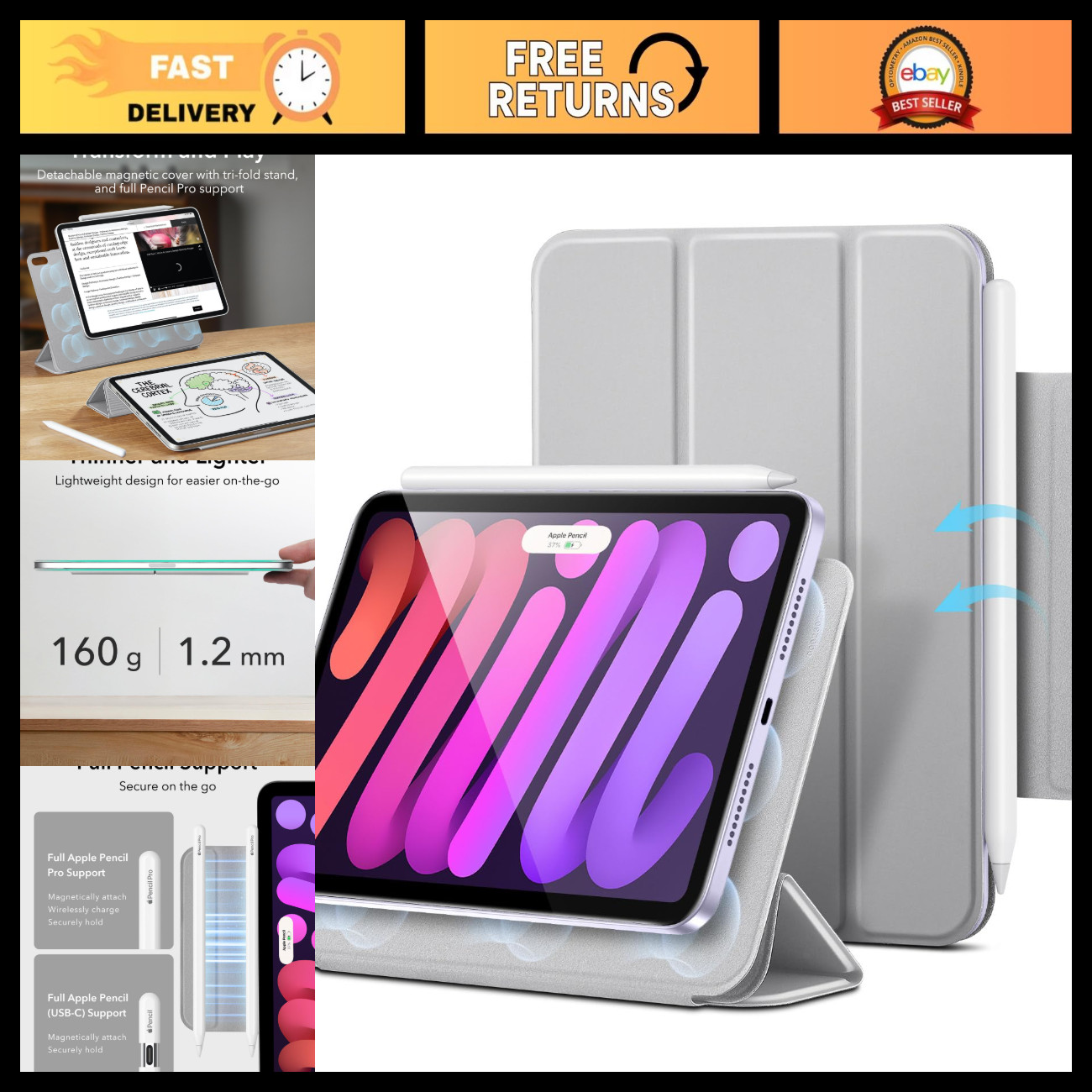 iPad Mini Case 6th Gen (2021/2024) - Rebound Series, Grey, Slim & Durable Cover