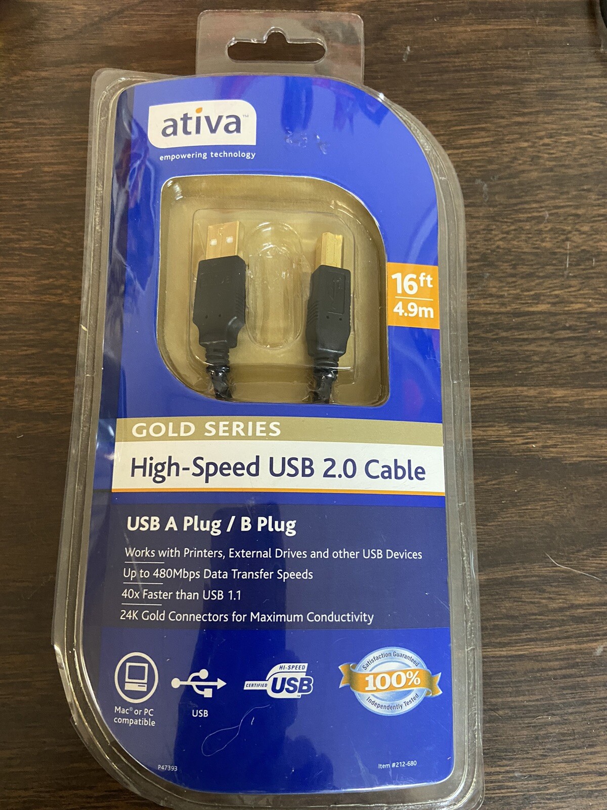 Ativa Gold Series USB A/B Device Cable, 16', Black New In Package