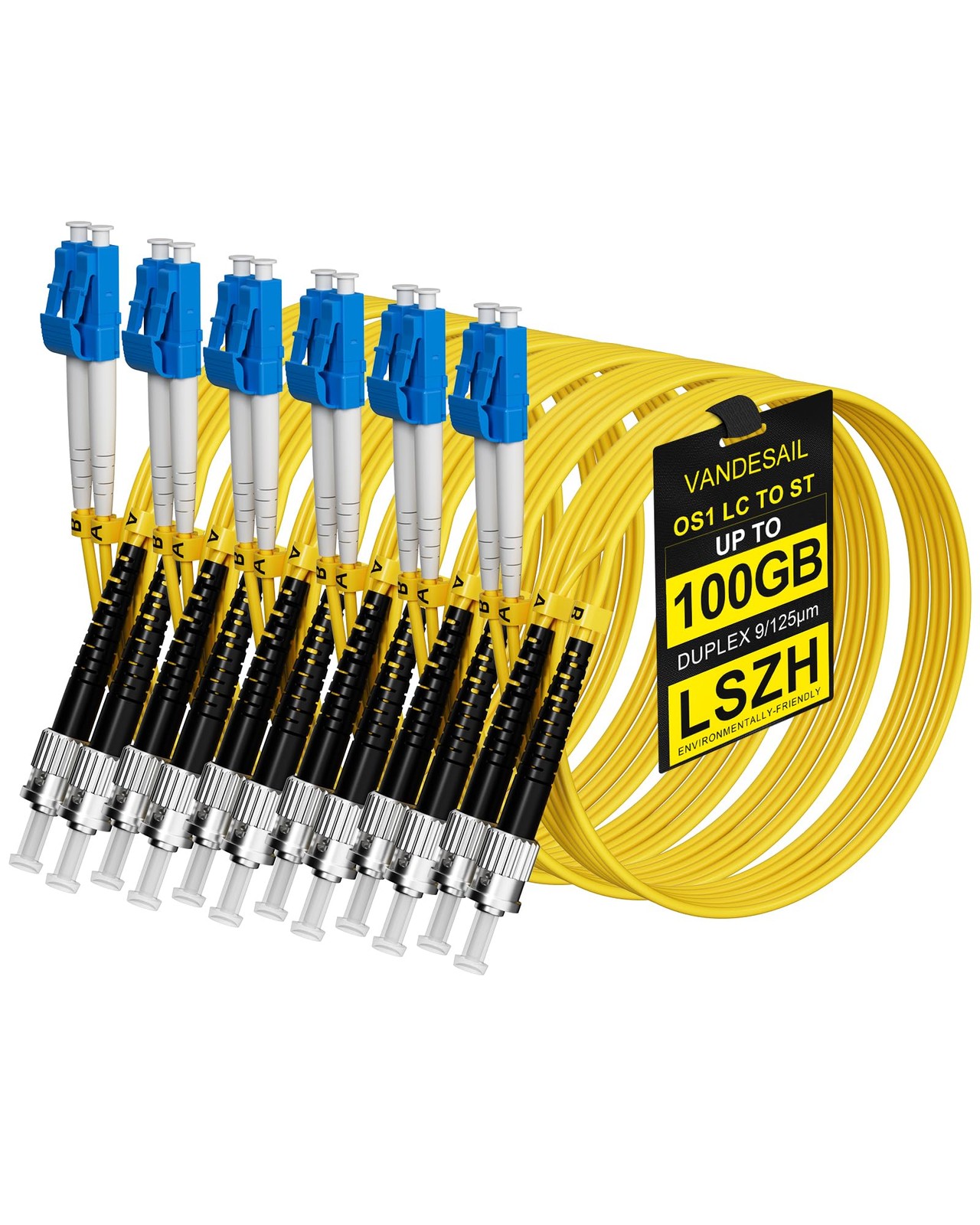 VANDESAIL 6 Pack LC to ST Fiber Patch Cable OS1, 2M(6.56FT) Single Mode Duple...