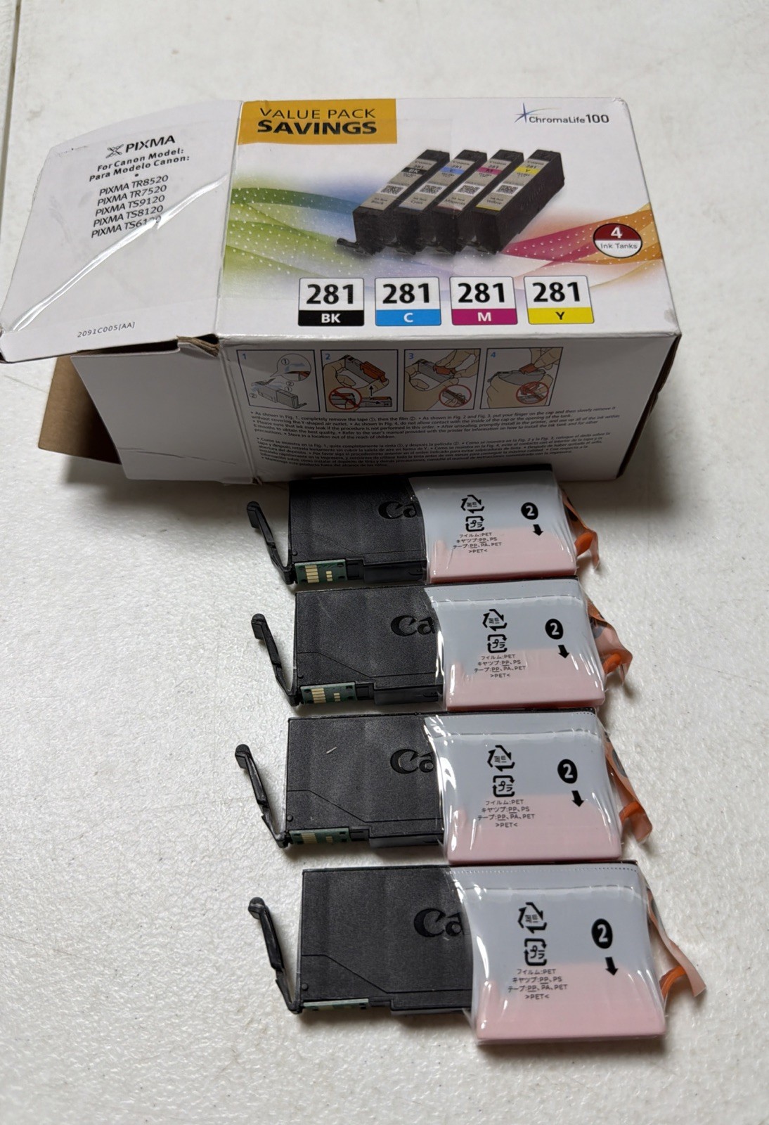 Genuine Canon CLI-281 4-Color Ink Value Pack BK/C/M/Y ChromaLife100 - Sealed