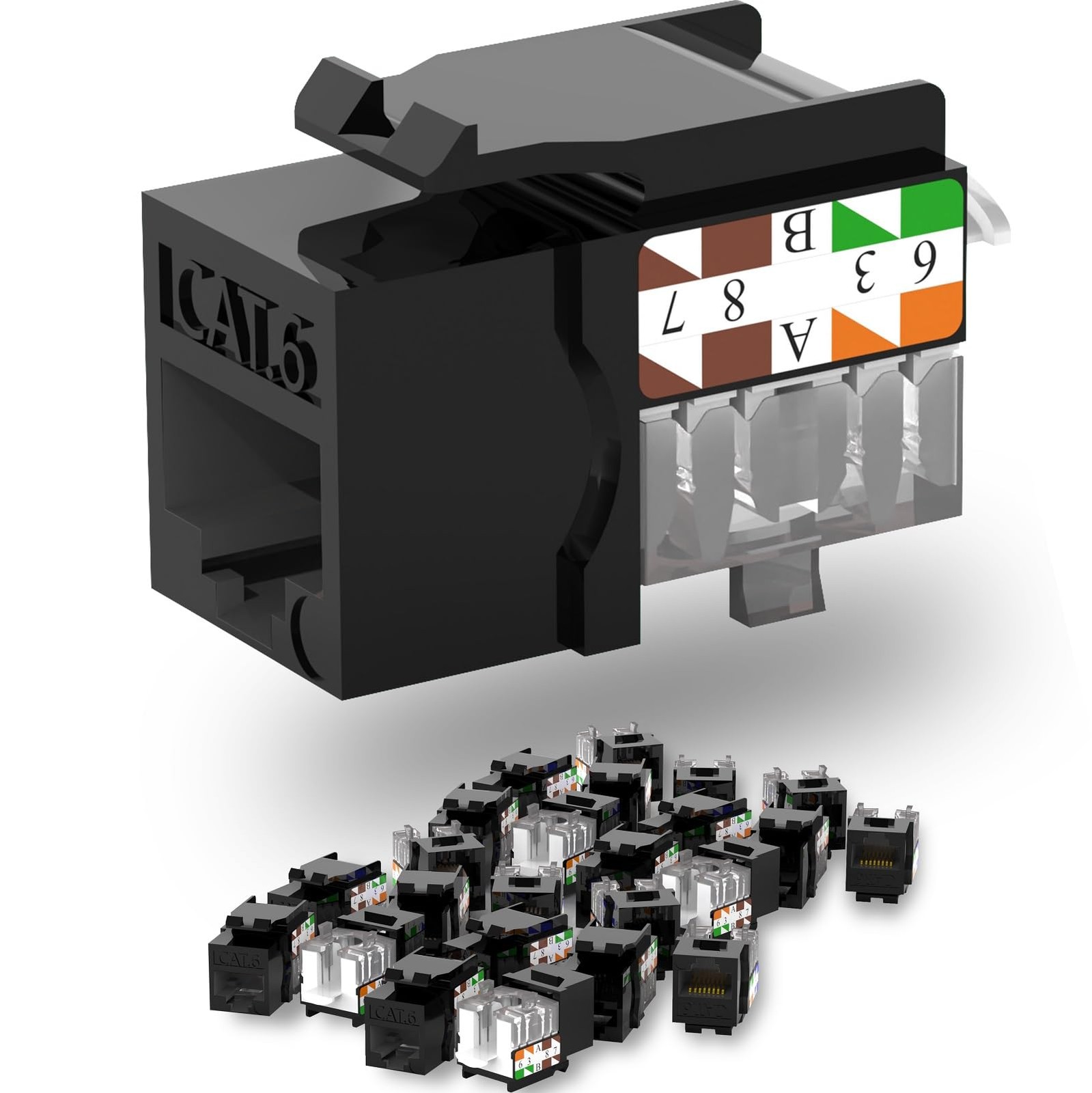 25 PCS Black Slim Cat6 RJ45 Keystone Jacks 90 Degree Punch Down Wall Plate