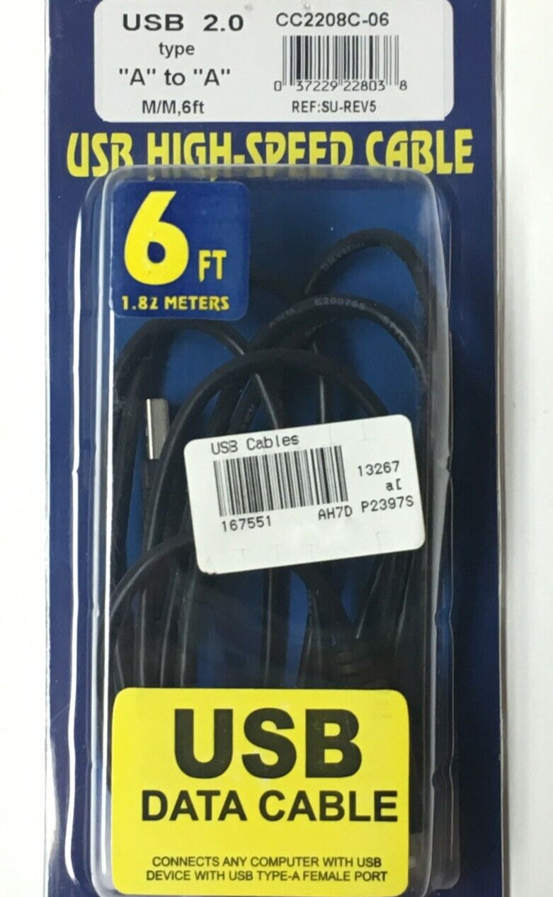 NEW 6 FT High-Speed Black USB 2.0 Data Cable 72" Type A Male to Male CC2208C-06