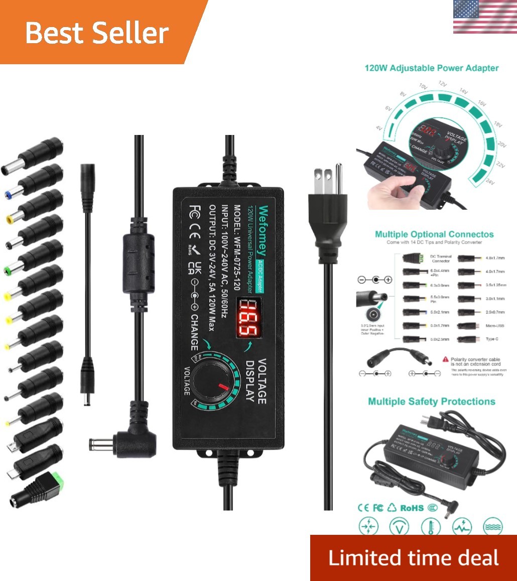Versatile 120W AC/DC Adapter - Safe 3V to 24V Power Supply with 14 Connectors