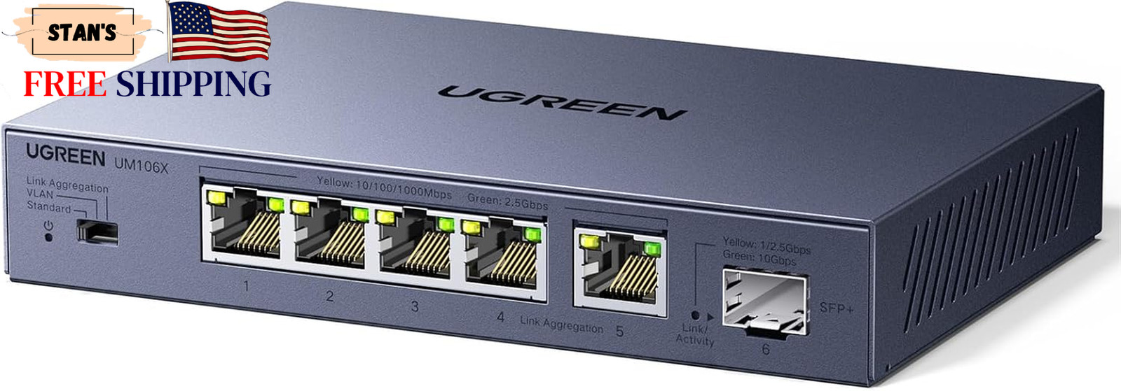 UGREEN 2.5Gb Switch 6-Port Ethernet Switch 5 x 2.5Gb + 1 x 10Gb SFP+ Stand NEW