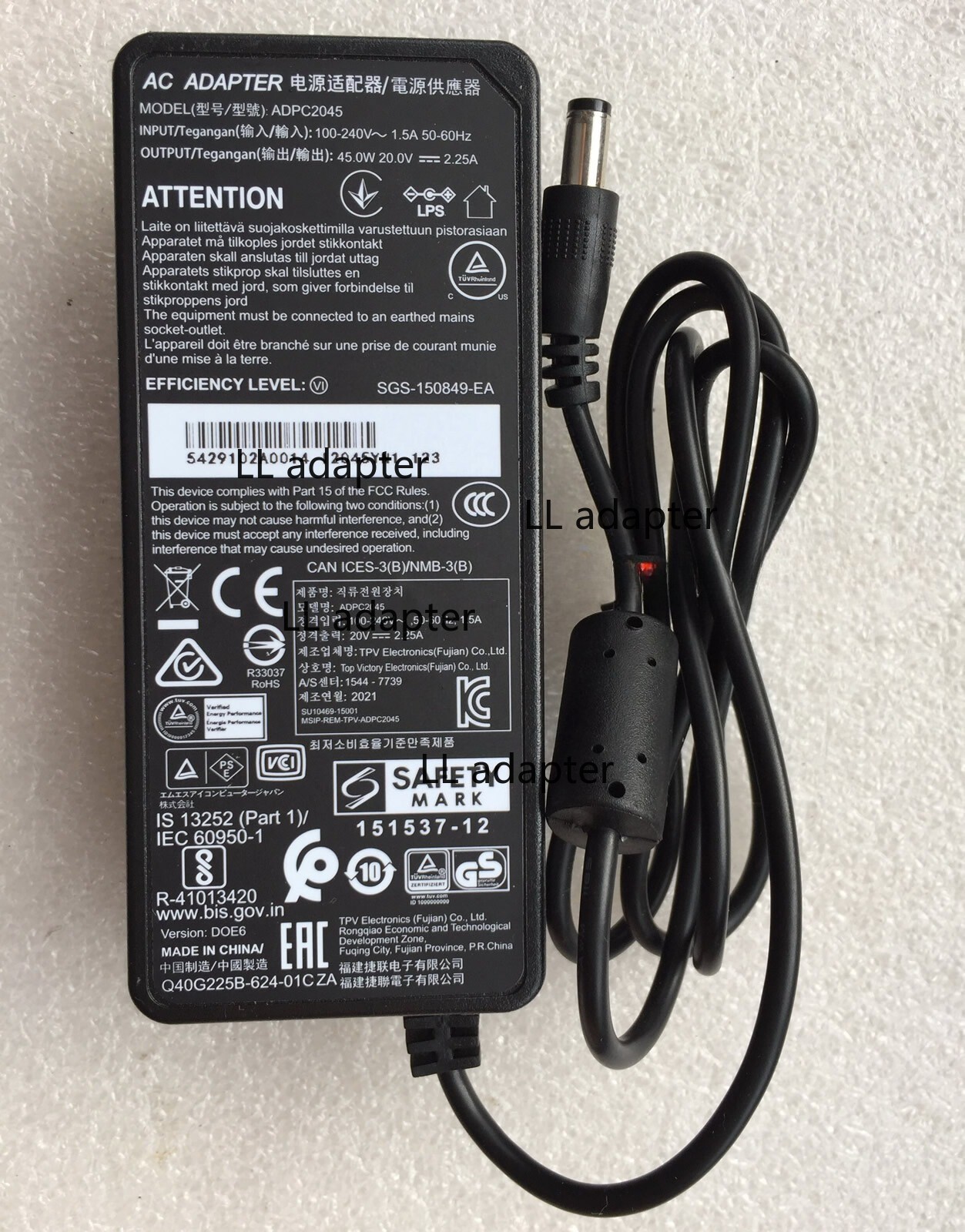 New Original TPV ADPC2045 20V 2.25A AC Adapter&Cord for AOC MSI LCD LED Monitor@