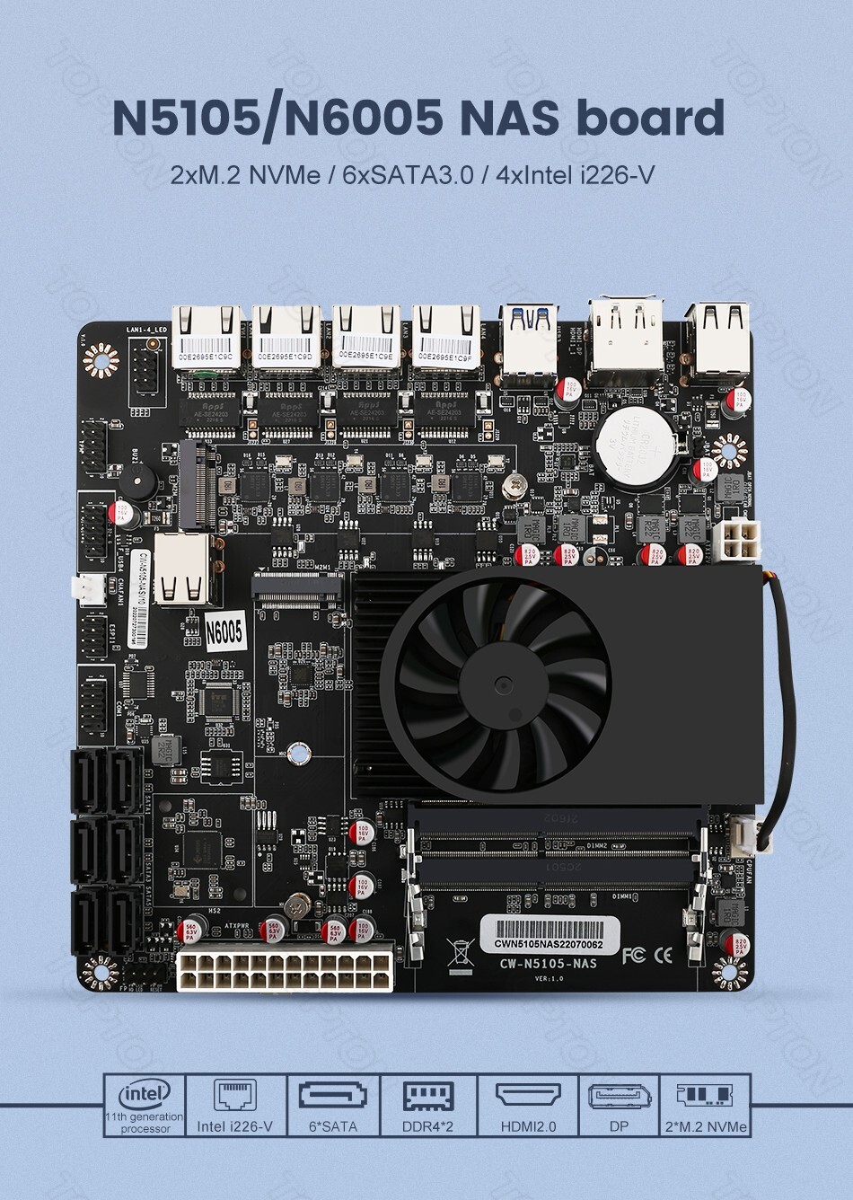 NAS Motherboard  N5105 4x Intel i226-V 2.5G Nics Dual M.2 NVMe SATA3.0 Mini-ITX