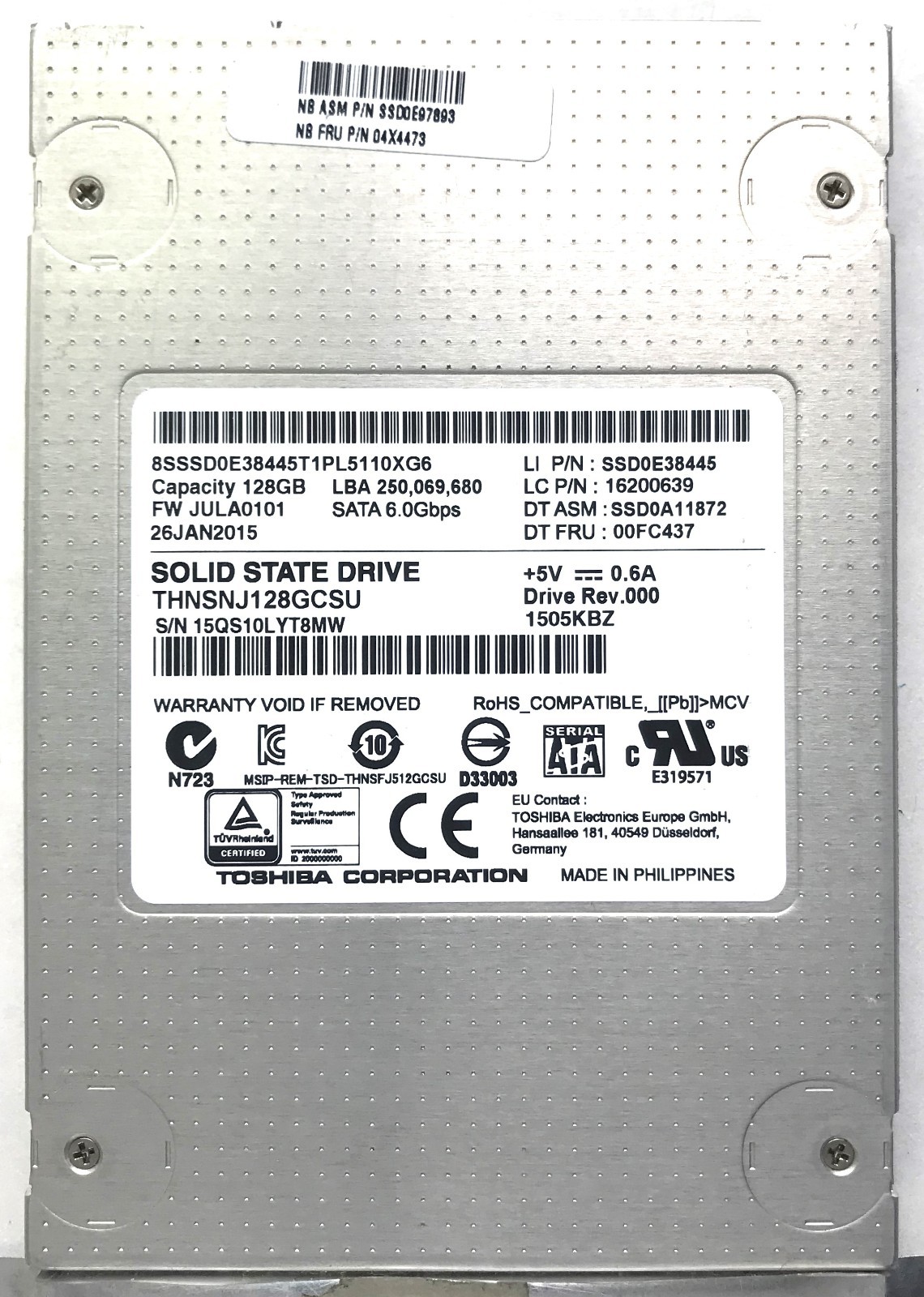 Toshiba 128GB 2.5” SATA 6.0Gbps SSD THNSNJ128GCSU LI P/N: SSD0E38445