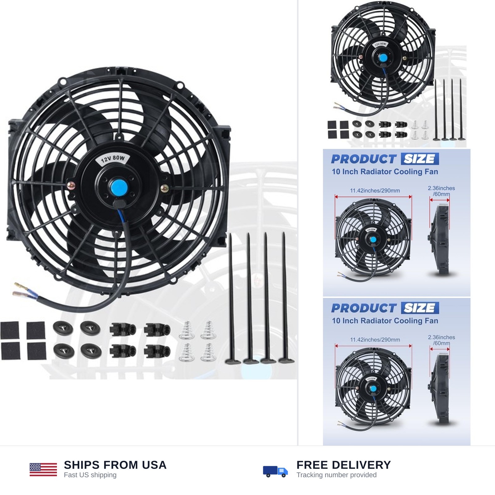 10 Inch Black Universal Electric Radiator Slim Fan 12V 80W High Performance C...