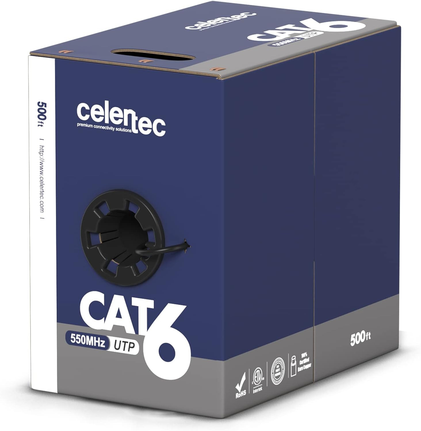 CAT6 Ethernet Cable, 500Ft, 23AWG Solid Bare Copper, Unshielded Twisted Pairs(Ut