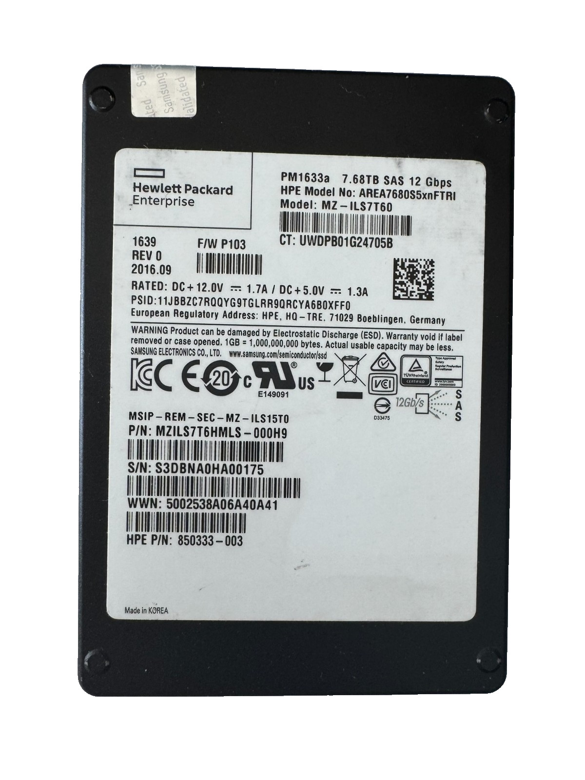 HPE SAMSUNG PM1633a 7.68TB 2.5" SAS SSD 12Gbps/512b/sector/PERFECT 100% HEALTH
