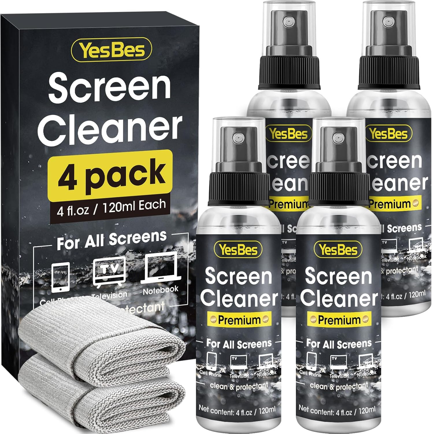 Screen Cleaner Spray 16Oz (4Oz X 4 Pack) - TV & Computer Screen Cleaner with 2 M