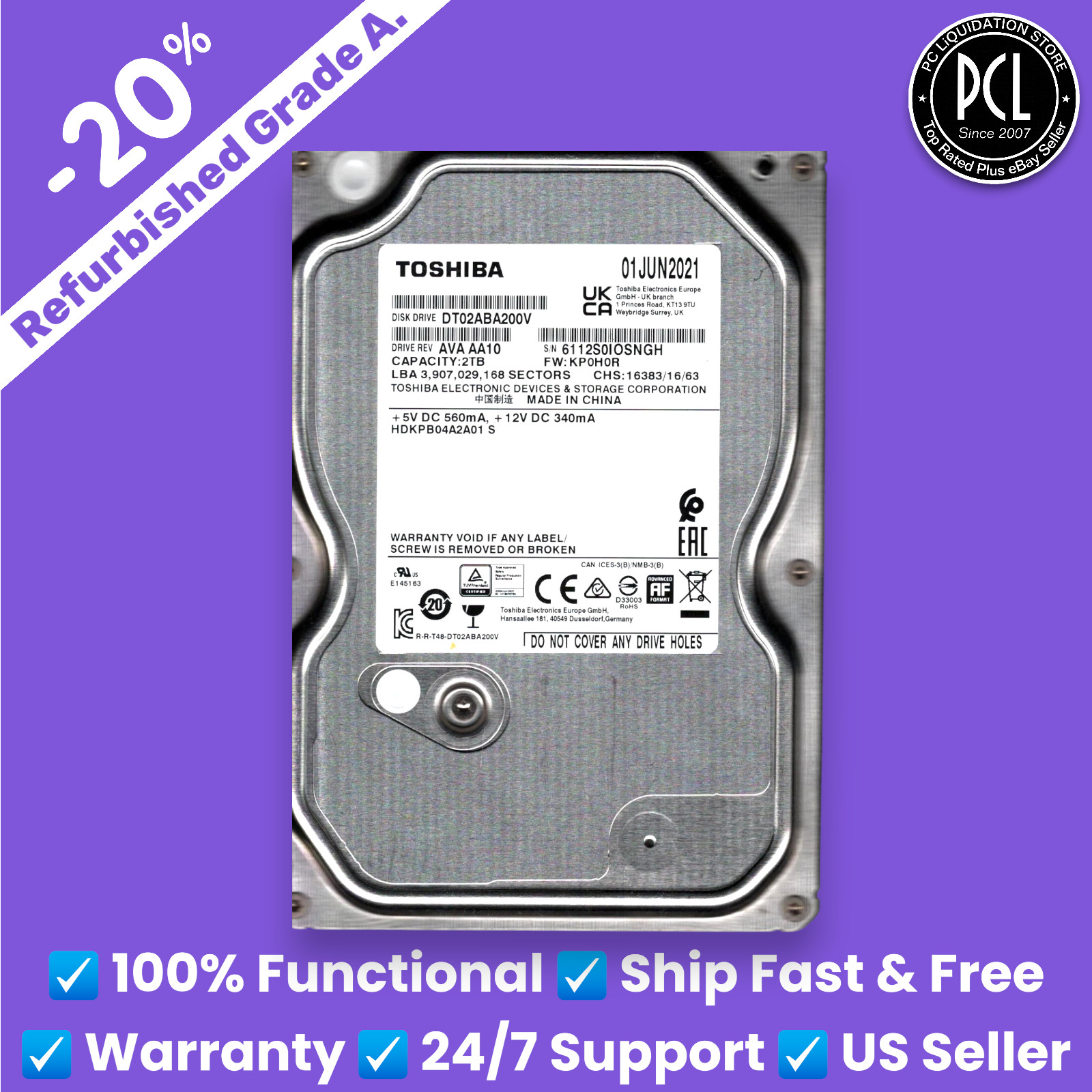 ✅ Toshiba 3.5 2TB Surveillance CCTV DVR NVR Hard Drive DT02ABA200V ✅