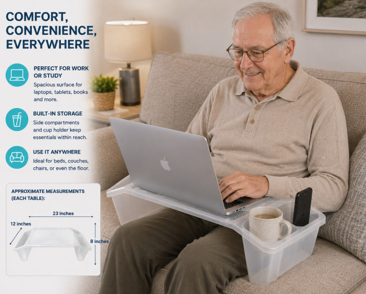 Portable Lap Desk Tray Table w/ Cup Holder–Lightweight Multi-Use Bed/ Sofa Table