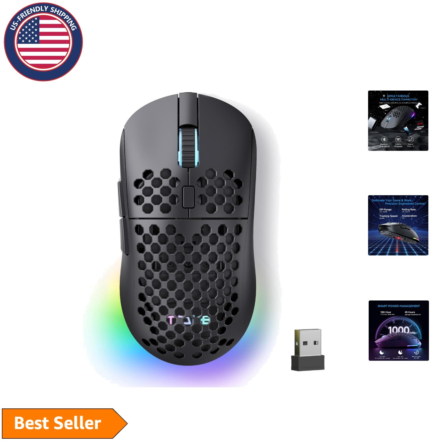 Lightweight TMKB Falcon M1 Gaming Mouse, 24000 DPI, RGB Strip, Long Battery Life