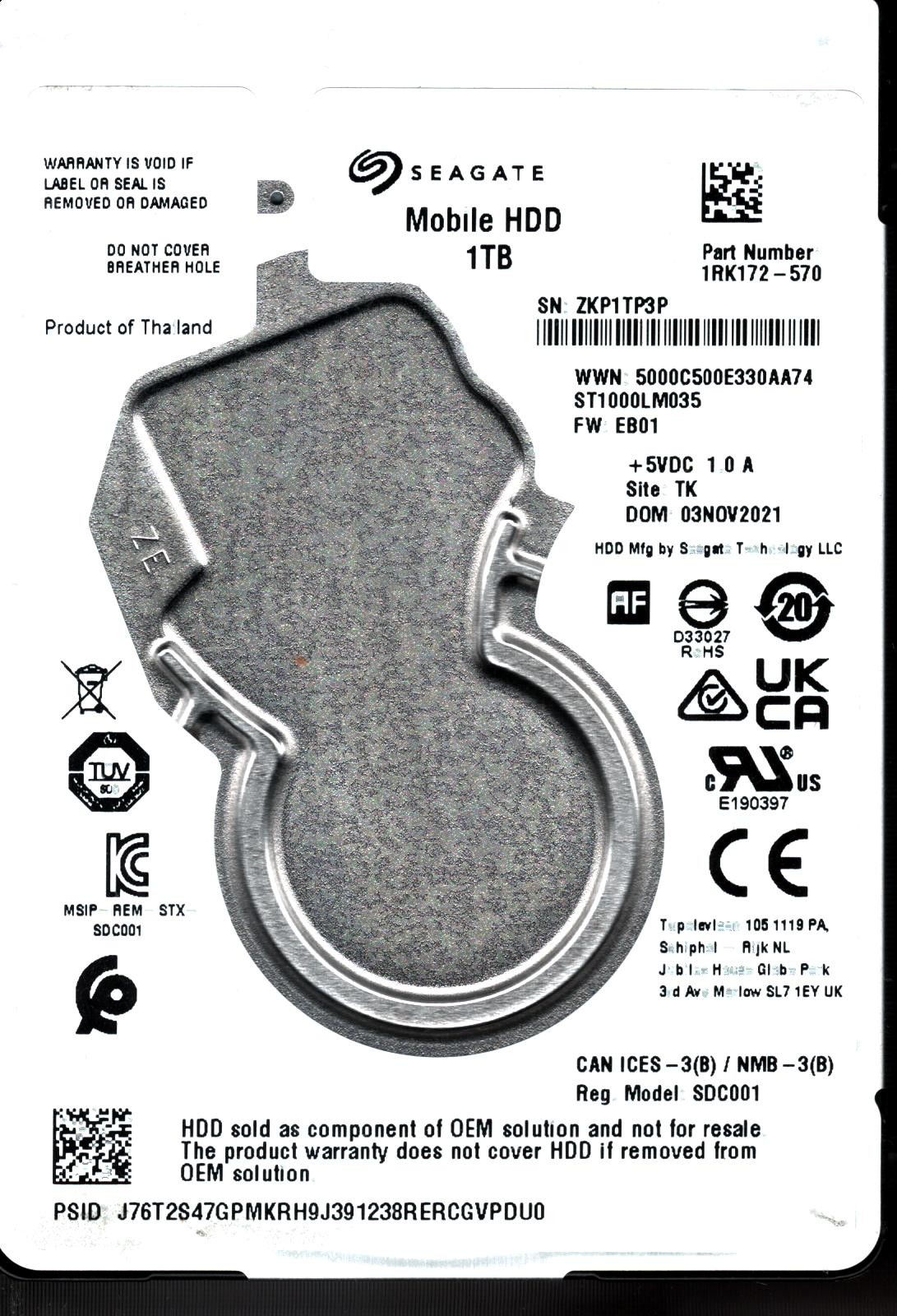 ST1000LM035 P/N: 1RK172-570 F/W: EB01 S/N: ZKP1T 1TB NOV 2021 THAILAND SEAGATE