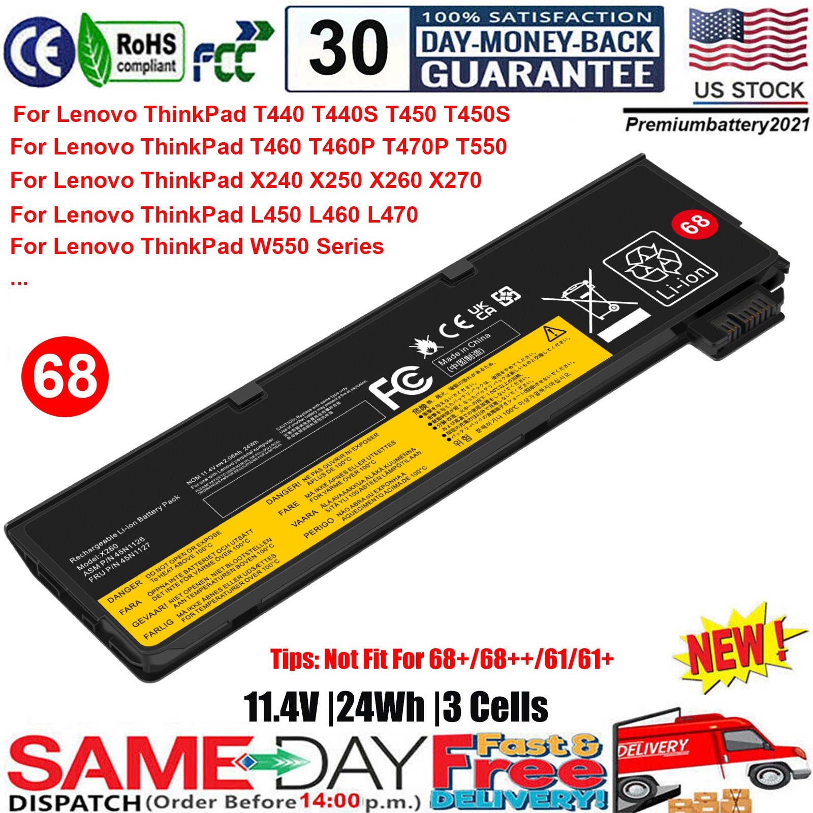 ✅Battery for Lenovo ThinkPad X240 X240S X250 X260 X270 T440 T440S T450 T450S 68