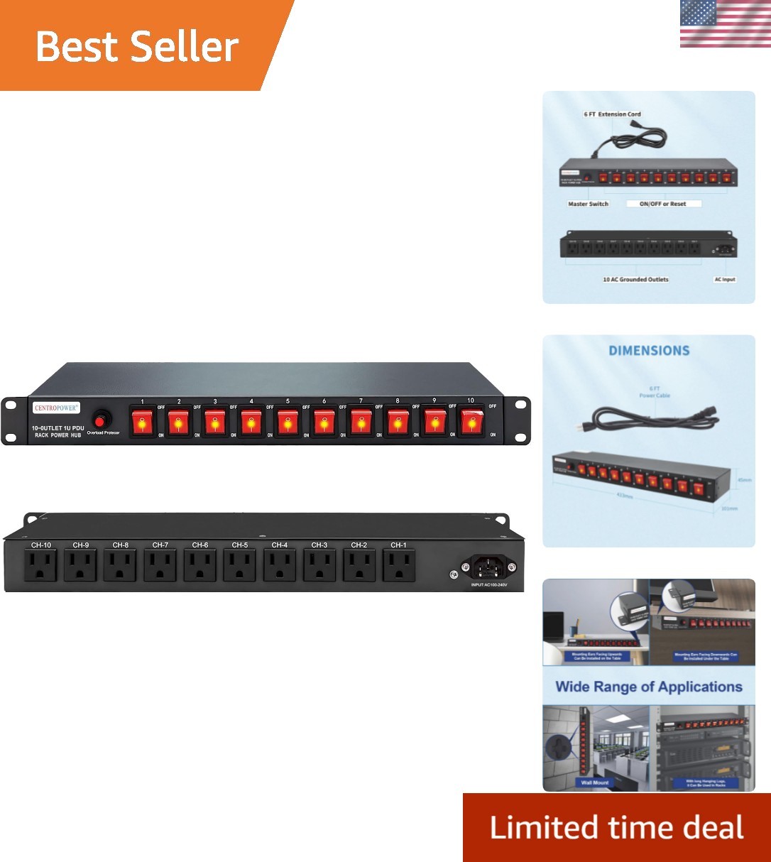 1U PDU Horizontal Rackmount Power Strip - Overload Protector
