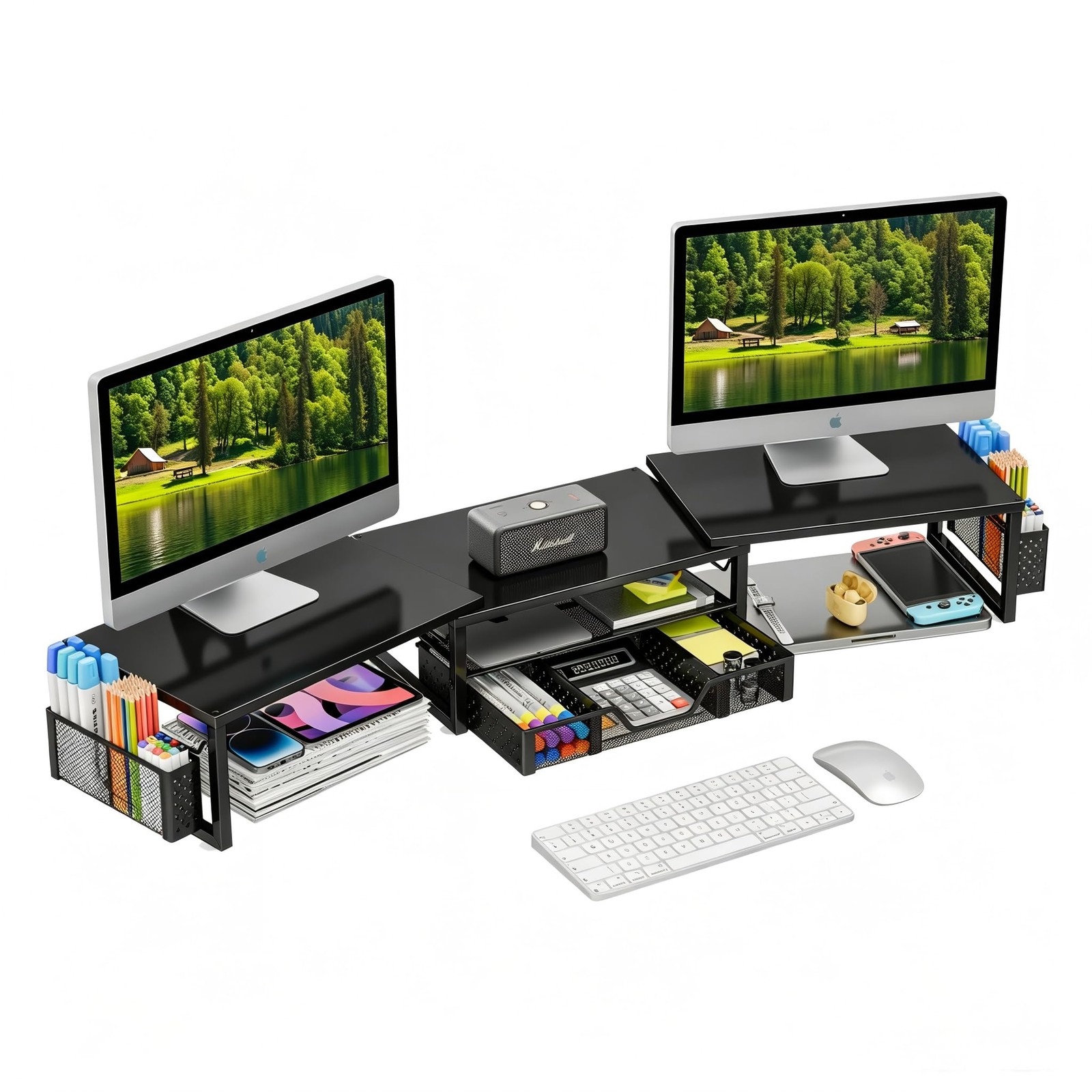 New Simple Trending Dual Monitor Stand Riser with Drawer and 2 Pen Holders, Desk