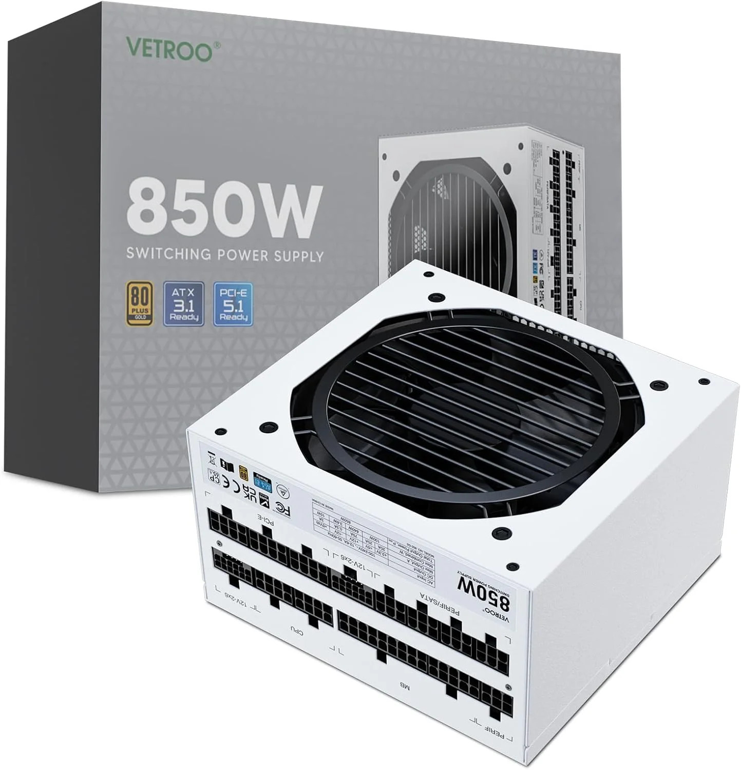 Vetroo White 850W Power Supply, Dual PCIe 5.1 ATX 3.1 Ready