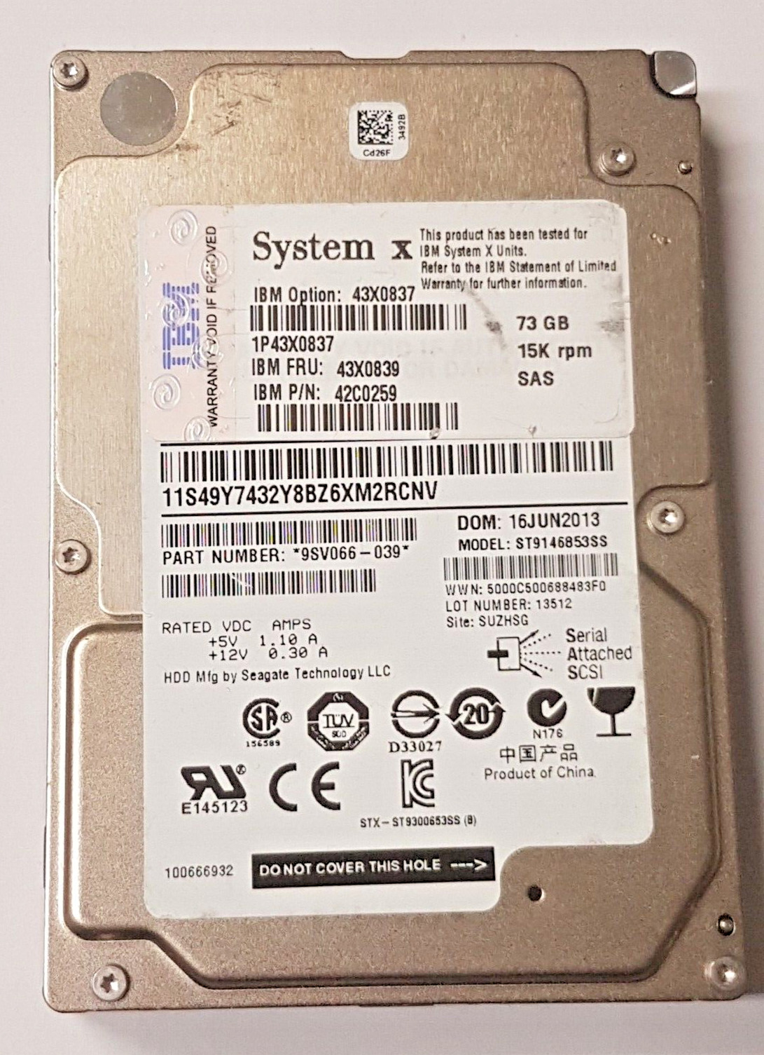 73GB SAS IBM System x 43X0837 ST9146853SS 15K 64MB HDD 2.5" Internal Hard Drive