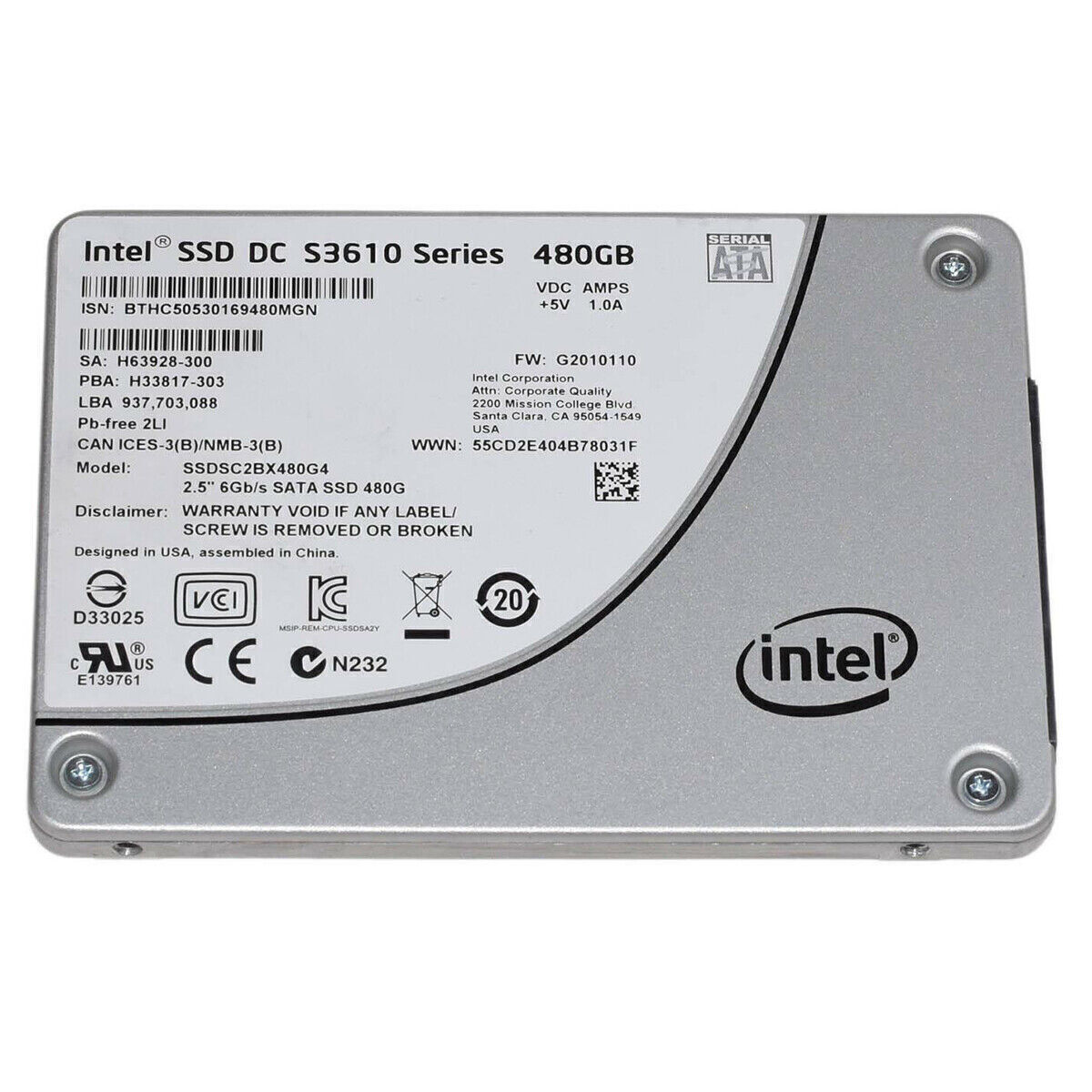 Intel DC S3610 Series 480GB SSD 2.5" SATA 6Gbps Solid State Drive SSDSC2BX480G4