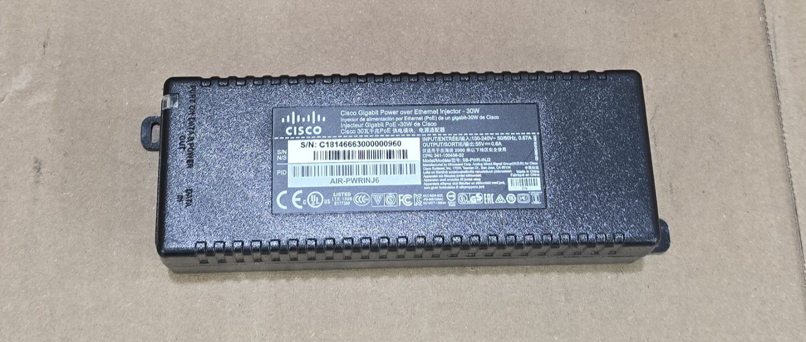 CISCO AIR-PWRINJ6 Gigabit Power over Ethernet Injector only, (No Outlet plug)