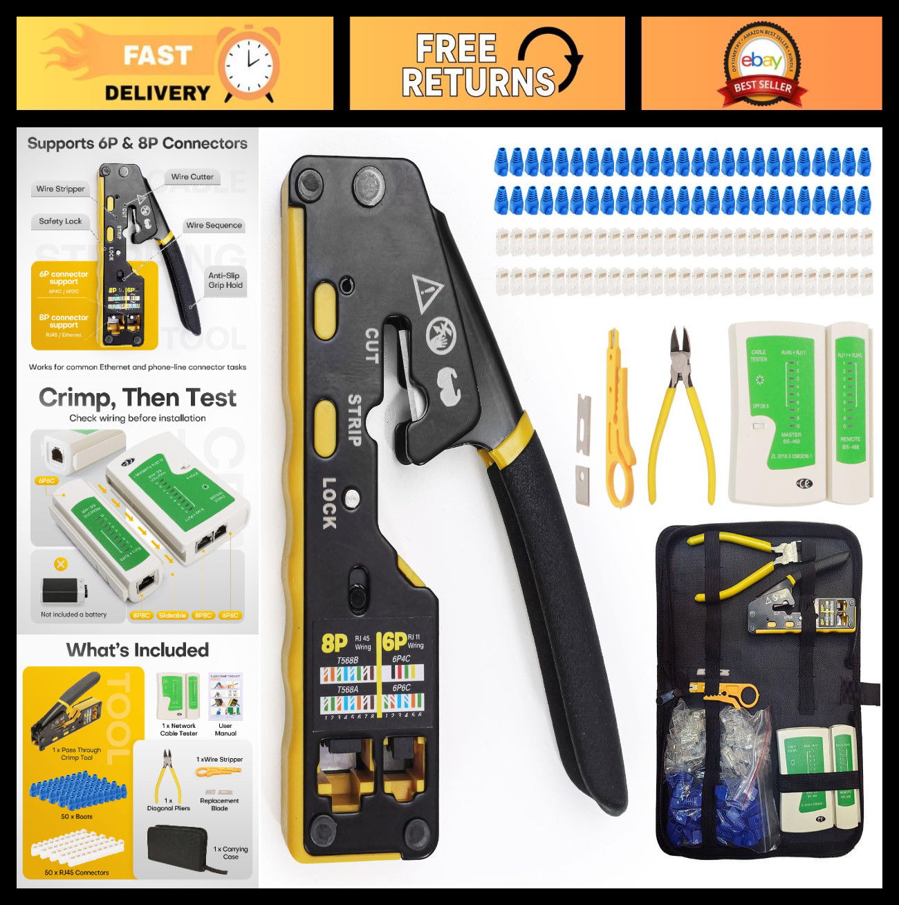 All-in-One Ethernet Crimp Tool Kit with Tester, Carrying Case, 50 Connectors & B