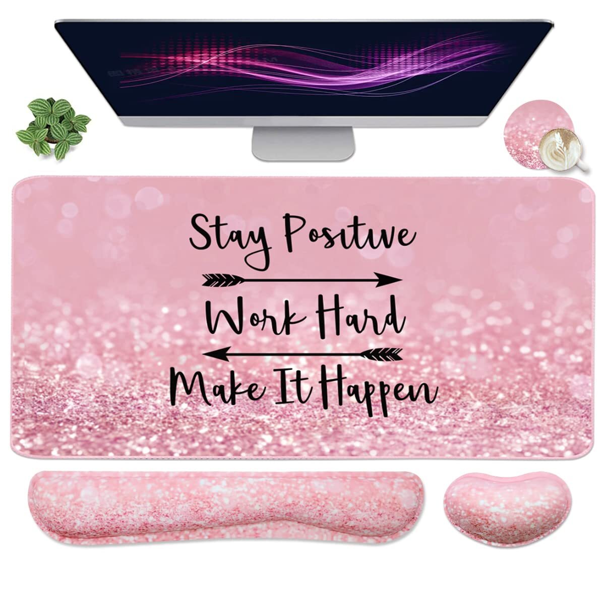 Large Mouse Pad and Keyboard Wrist Rest 4-in-1 Pink Stay Positive Gaming