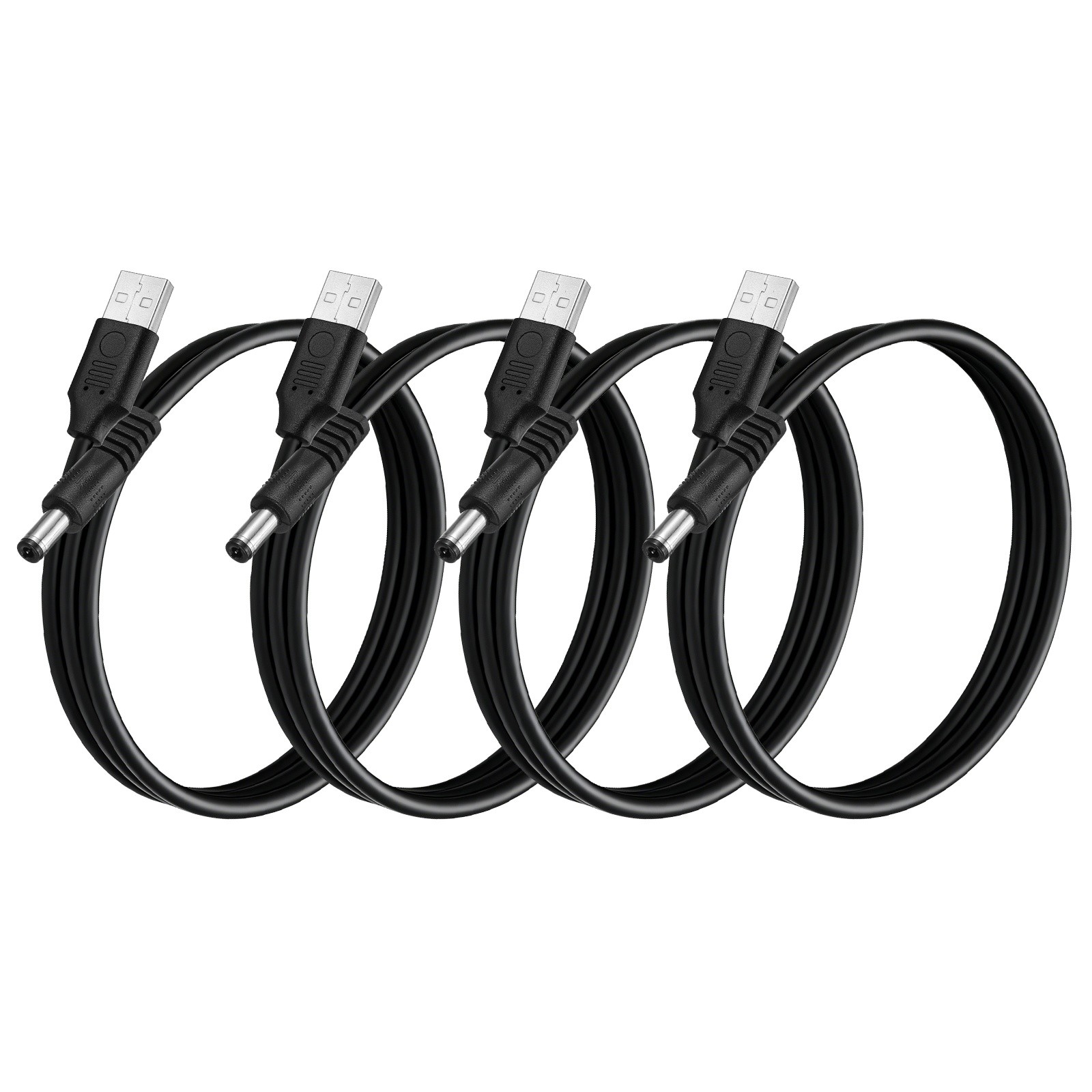 4Pcs USB to DC Power Cable 5.5x2.5mm, 5V 3A for LED Lights, 0.3 M/1Ft, Black