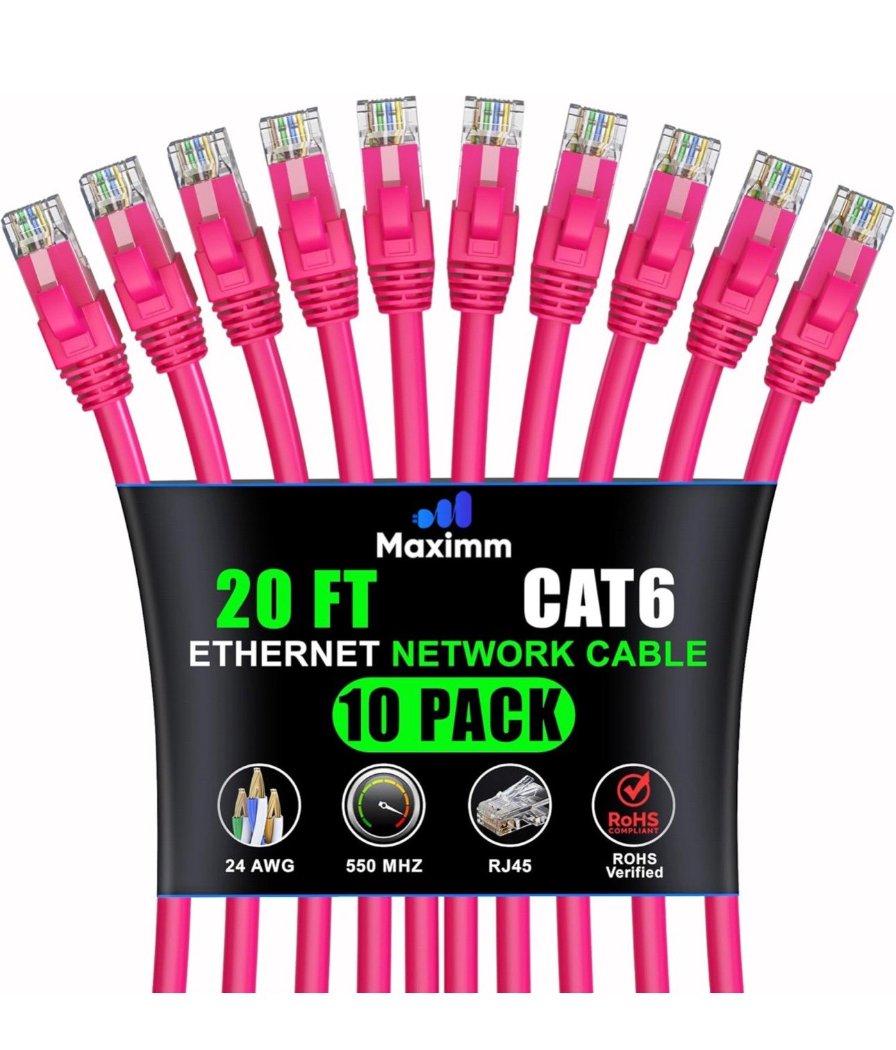 Cat6 Ethernet Cable 20 ft 10-Pack Pink High-Speed LAN UTP 10Gbps 550MHz