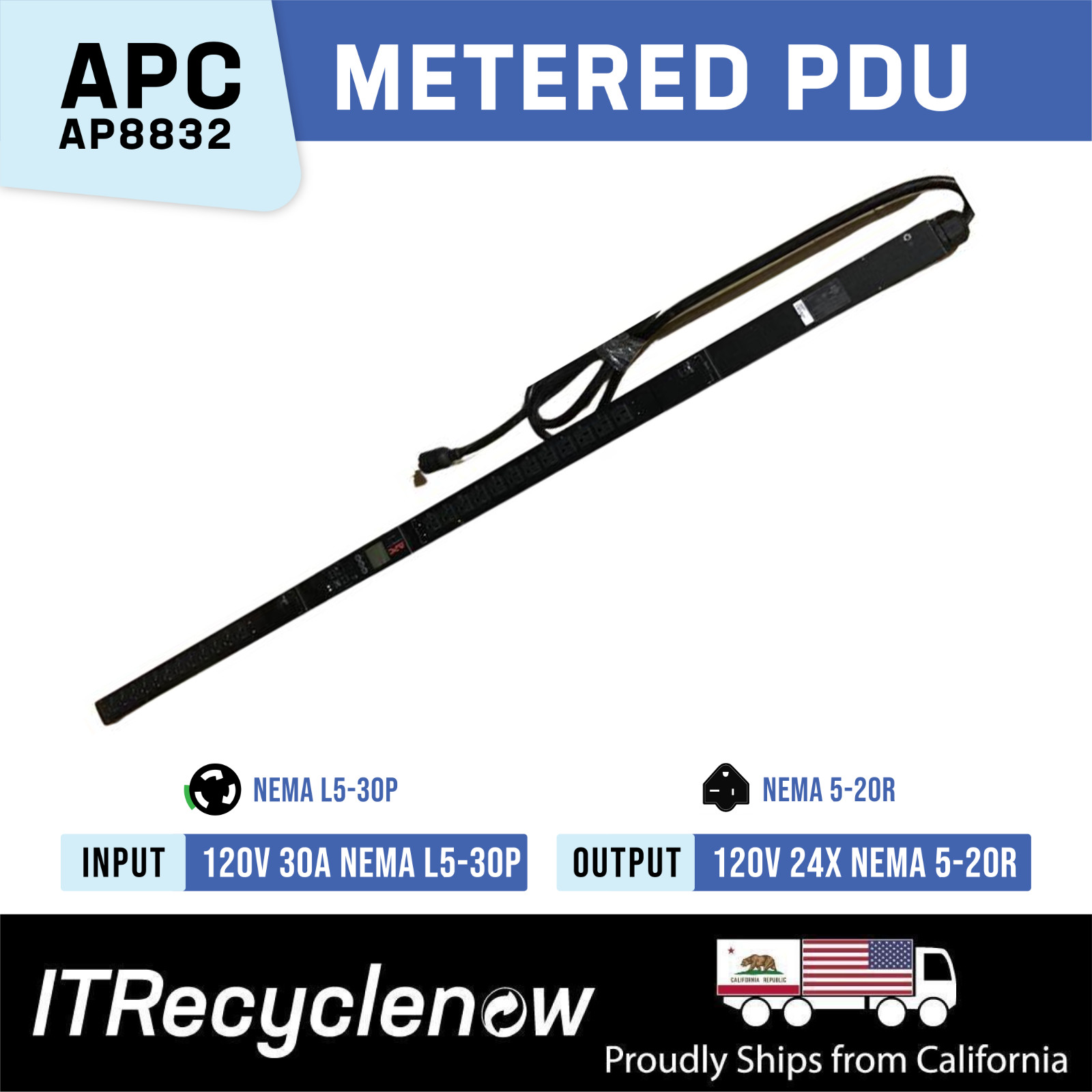NEMA L5-30P Metered Rack PDU 24x 5-20R 120V 2880 VA APC AP8832 30A 0U