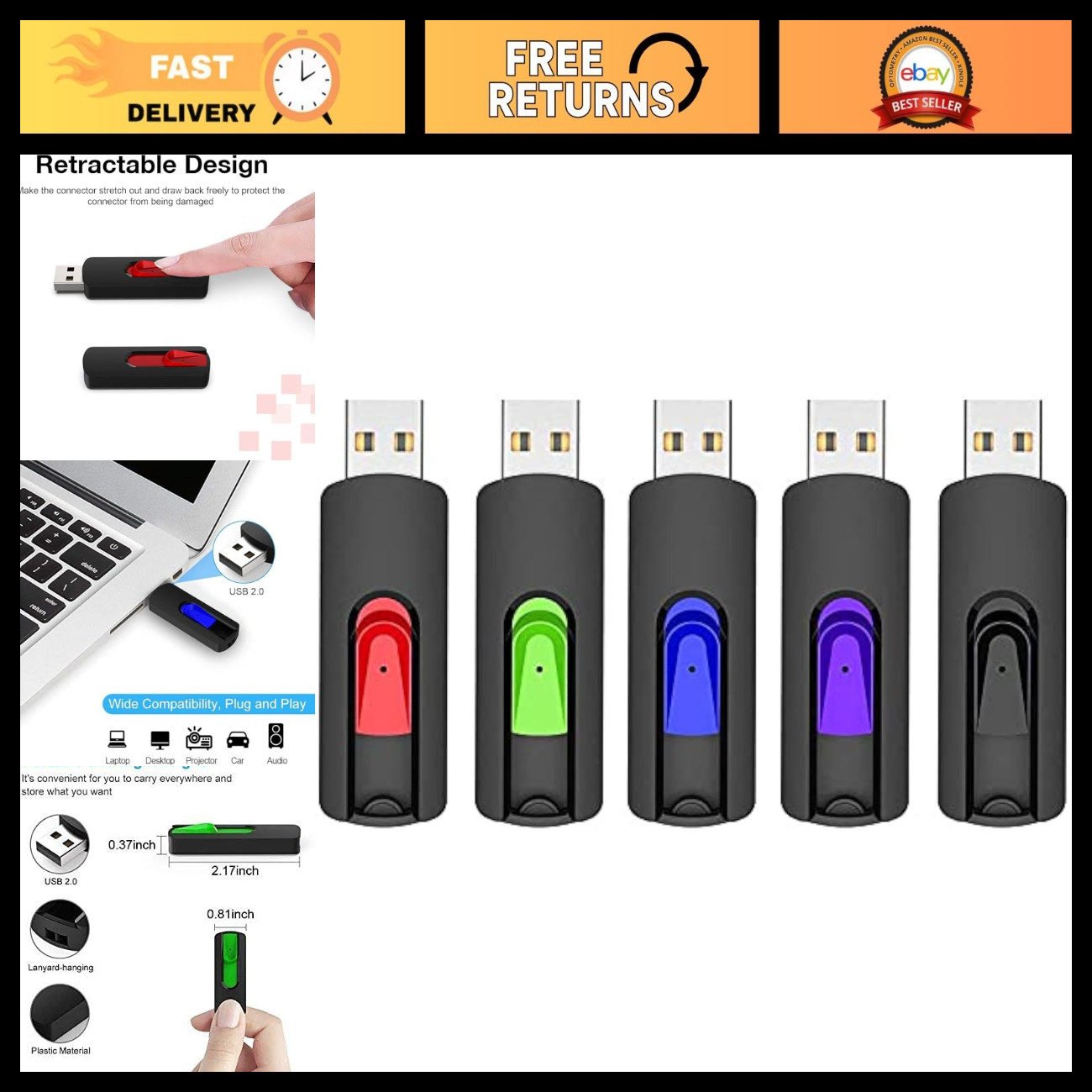 64GB USB Flash Drive 5 Pack - USB 2.0 Memory Stick Thumb Drives for PC & Laptop