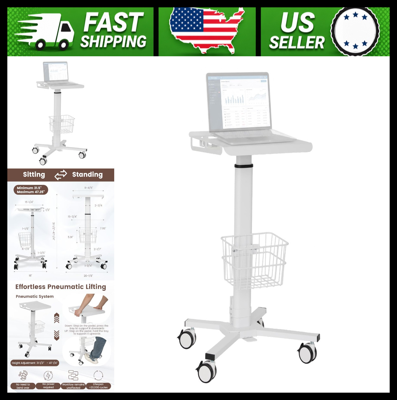 Adjustable Height Laptop Cart on Wheels with Storage Basket and Cup Holder