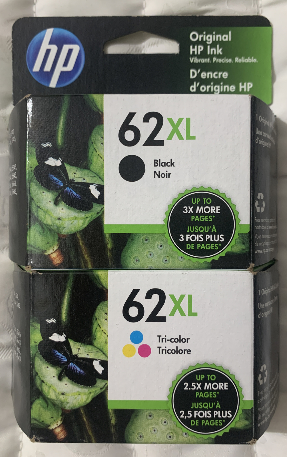 HP 62XL Black & Color Ink Set F6U02BN C2P05AN & C2P07AN Genuine Retail Box