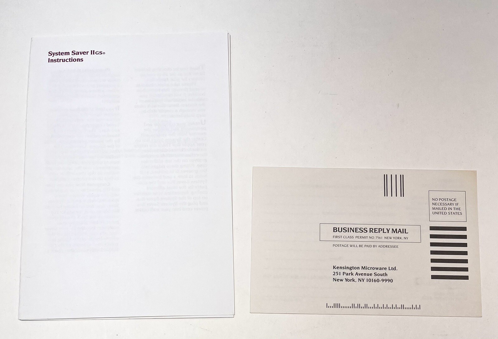 VTG 1987 Kensington System Saver II GS INSTRUCTIONS & REGISTRATION CARD ONLY