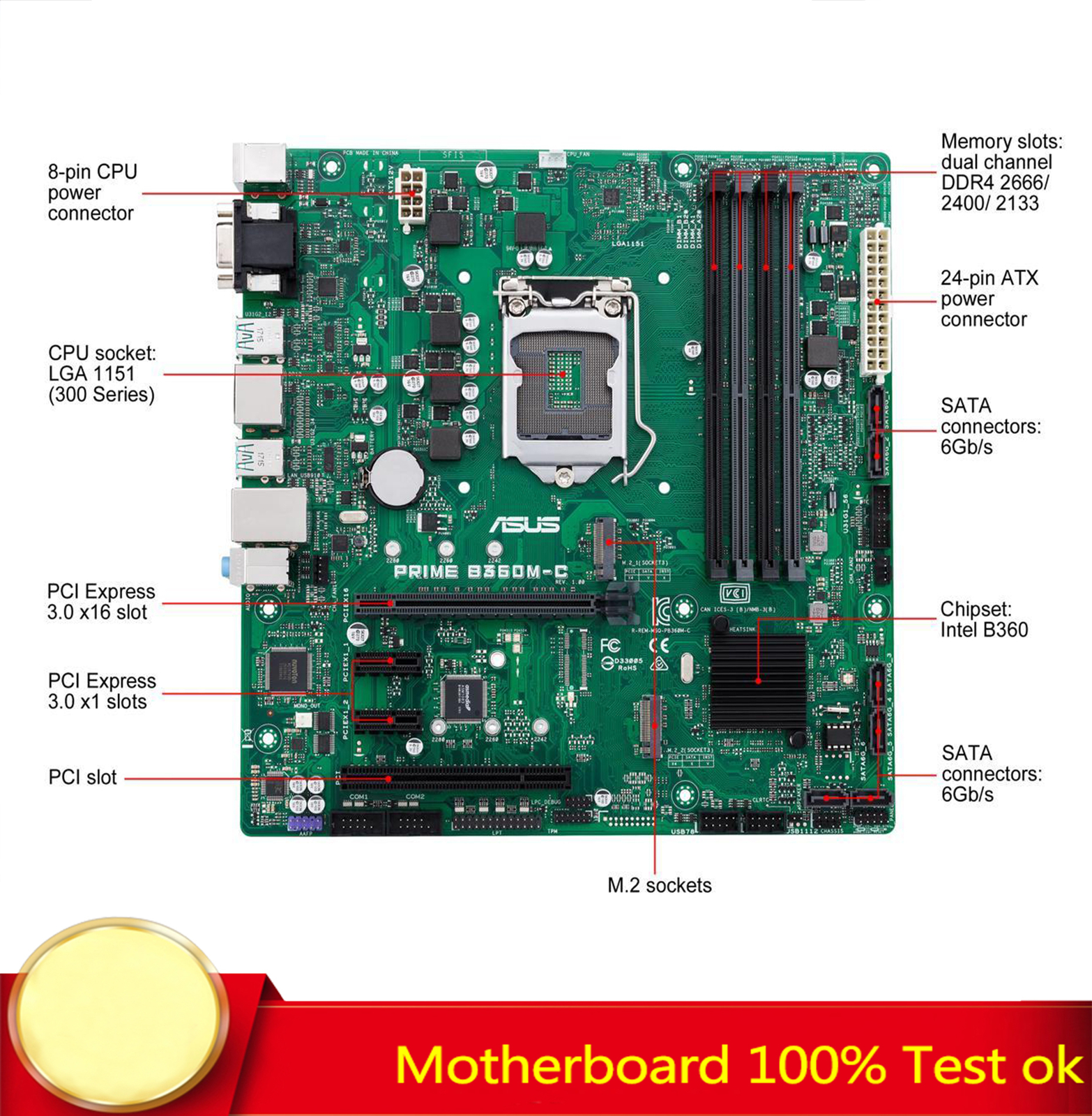 FOR ASUS Prime B360M-C Motherboard Support DDR4 64GB VGA+DVI+ 100% Test Work