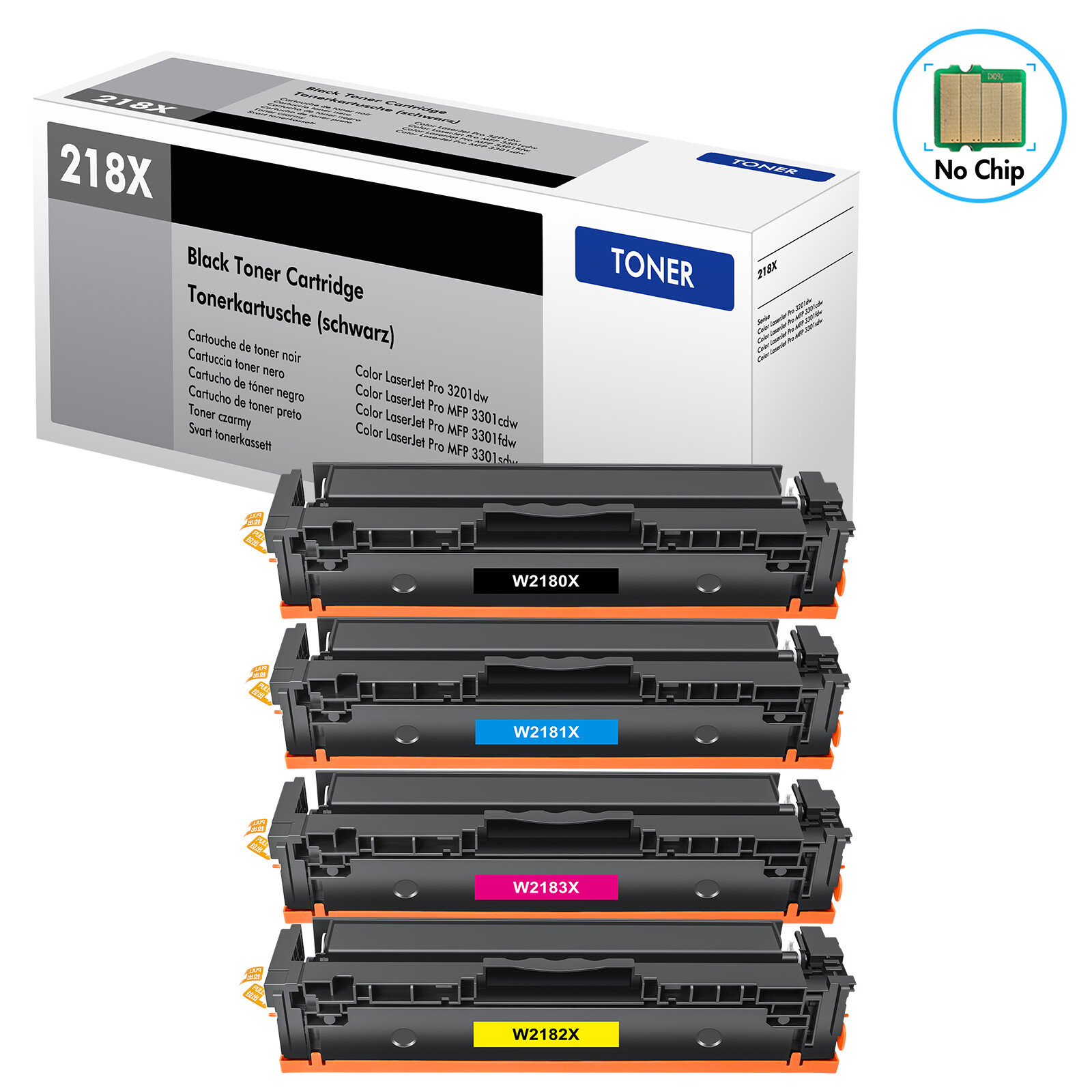 4PK [NO CHIP] 218X W2180X Toner Cartridge for HP 3301FDW 3301CDW 3201DW 3301SDW