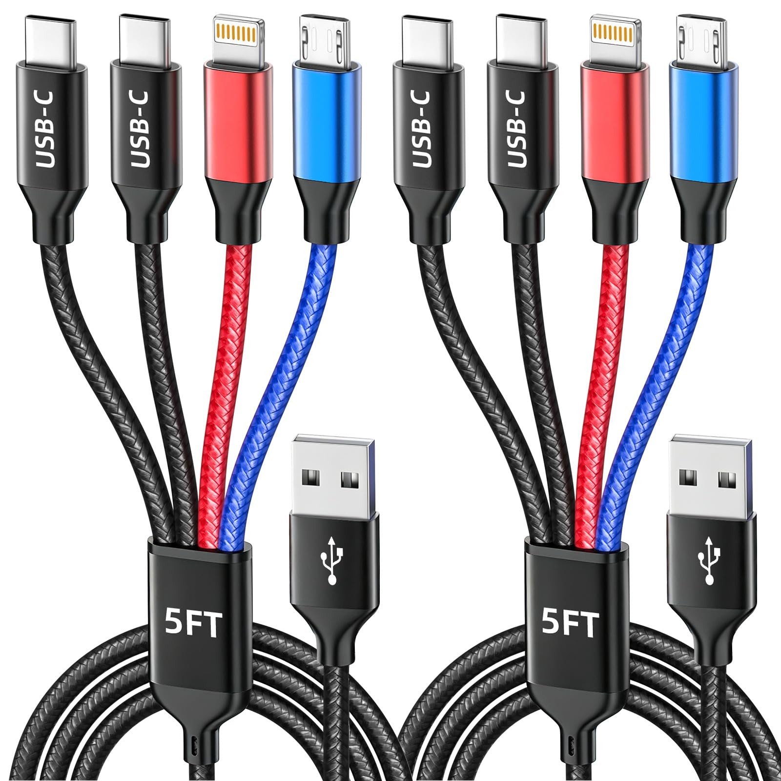 Dual TypeC 4 in 1 Multi Charging Cable, 2Pack 5FT, Black&Red&Blue
