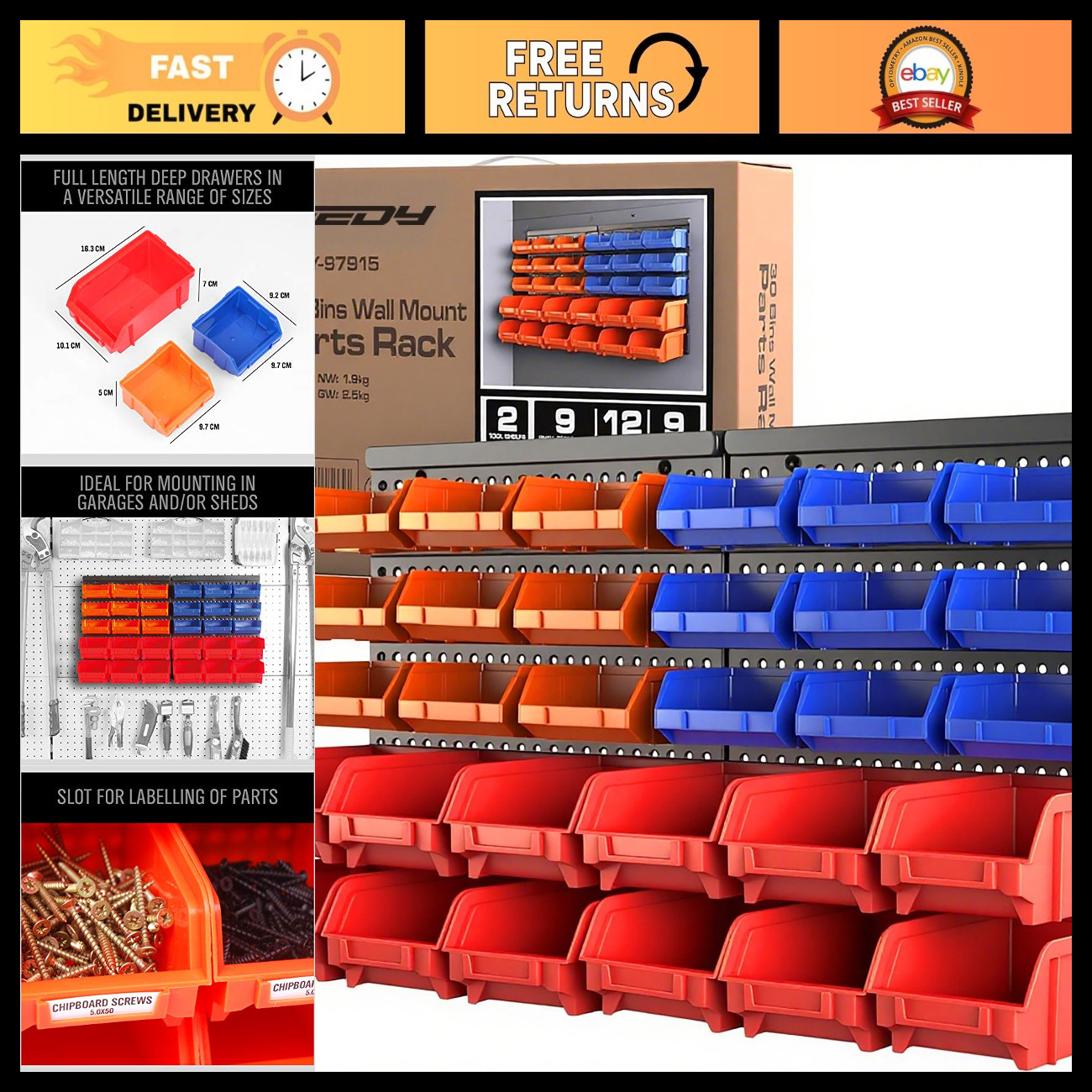 30-Bin Wall-Mounted Storage Rack - Heavy-Duty Tool Organizer for Hardware, Screw