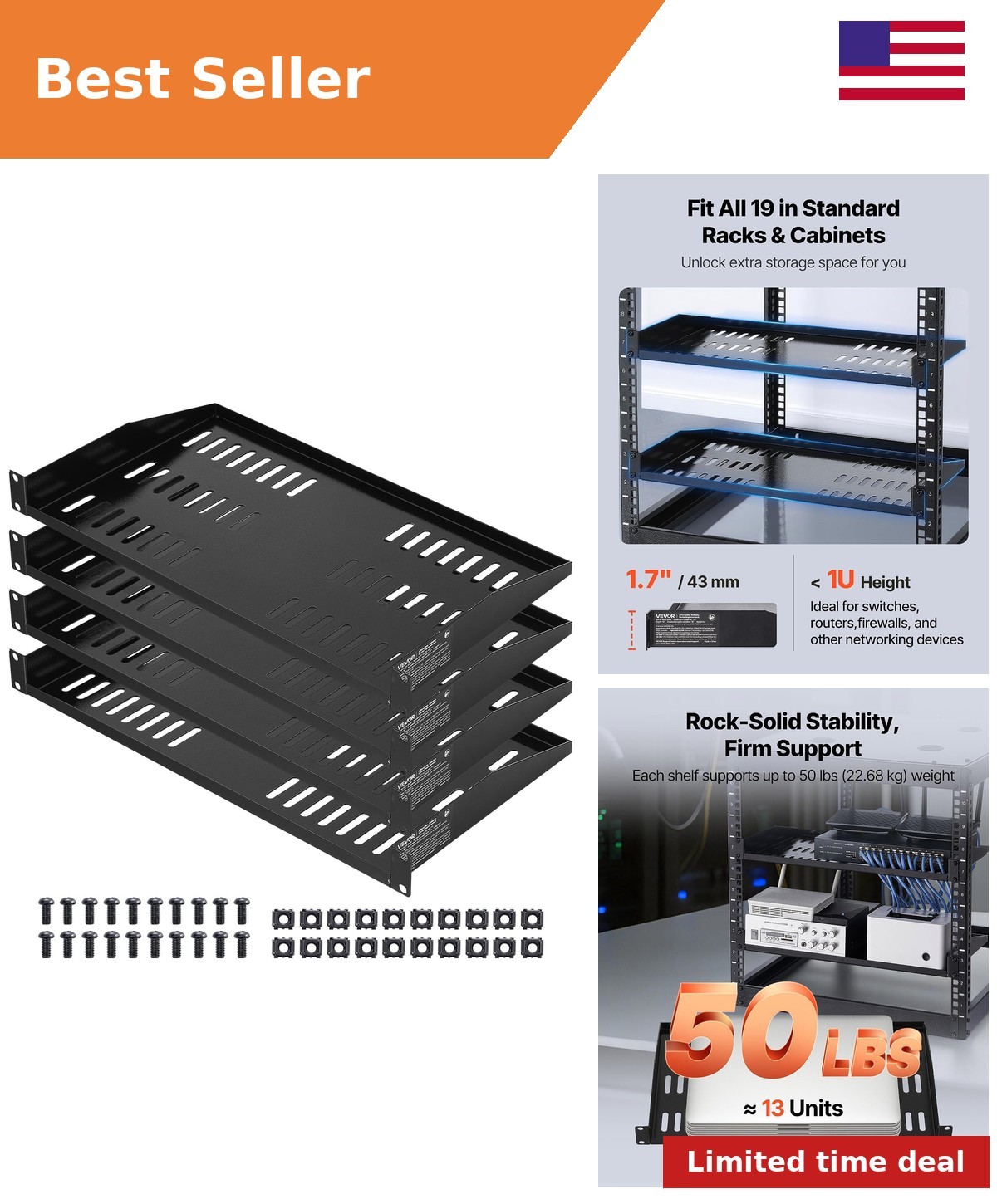 1U Server Rack Shelf, 4 PCS, 50 lbs Max Load-Bearing Vented Cantilever