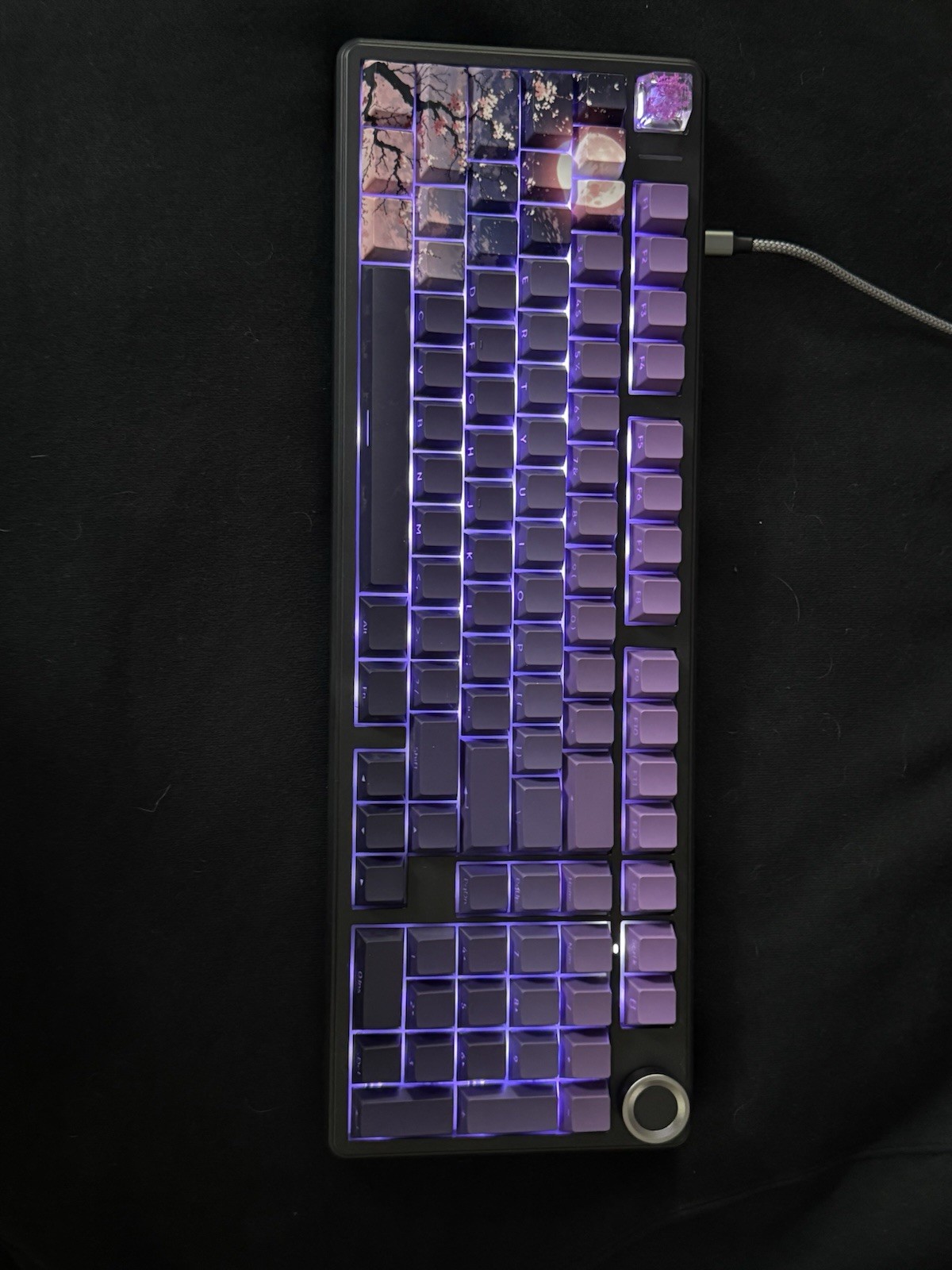 Purple Mechanical Wired Keyboard Illuminated Floral Keycaps Rotary Knob QWERTY