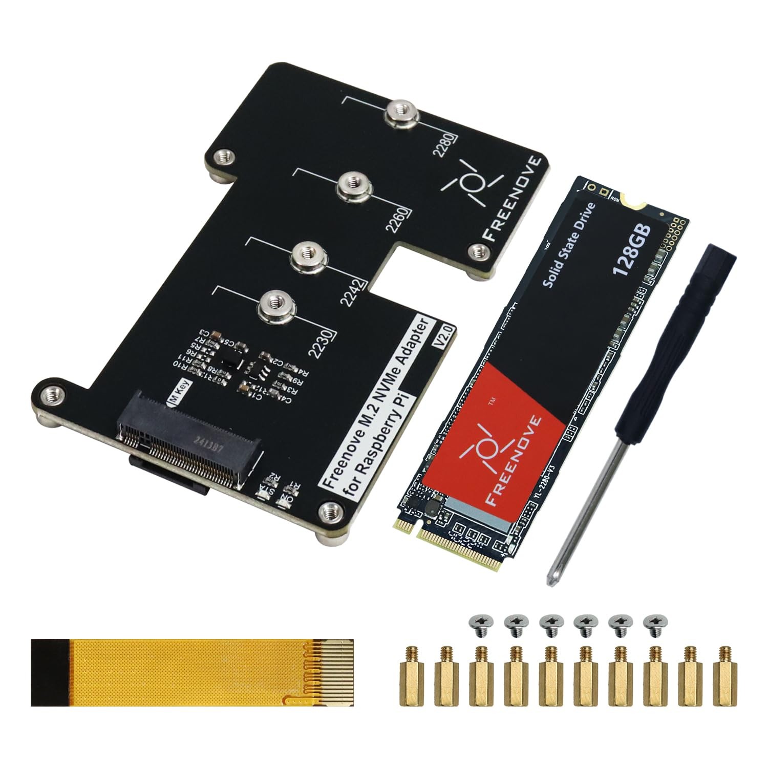 Freenove M.2 NVMe Adapter V2 for Raspberry Pi 5 (with 128GB SSD), M.2 HAT Add...