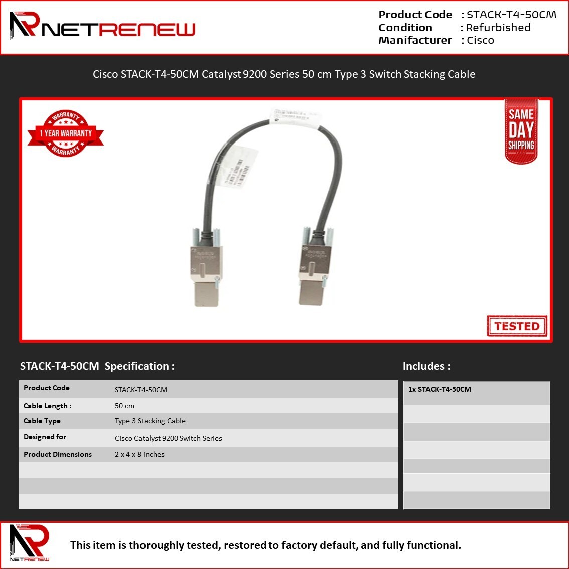 Cisco STACK-T4-50CM Stacking Cable 800-104696-01