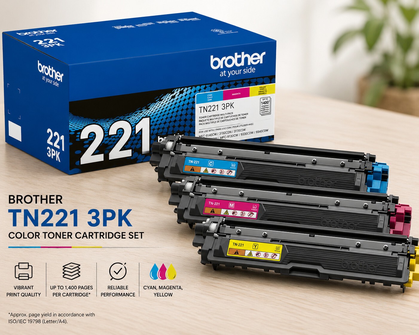 GENUINE OPEN BOX - BROTHER TN221 3-PACK COLOR TONER CARTRIDGES - SEALED BAGS