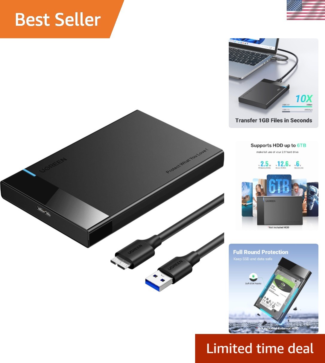 Fast 5Gbps USB 3.0 SATA III Adapter for 2.5-Inch SSDs & HDDs - Durable Design