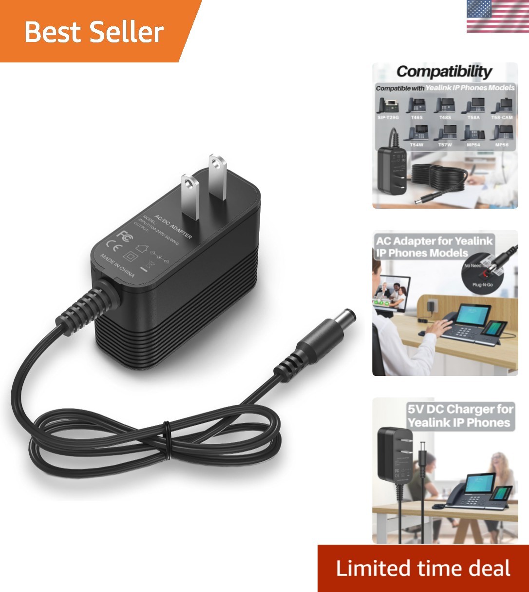 Multi-Compatible 5V AC Adapter for Yealink  Phones - Safe & Reliable Charging