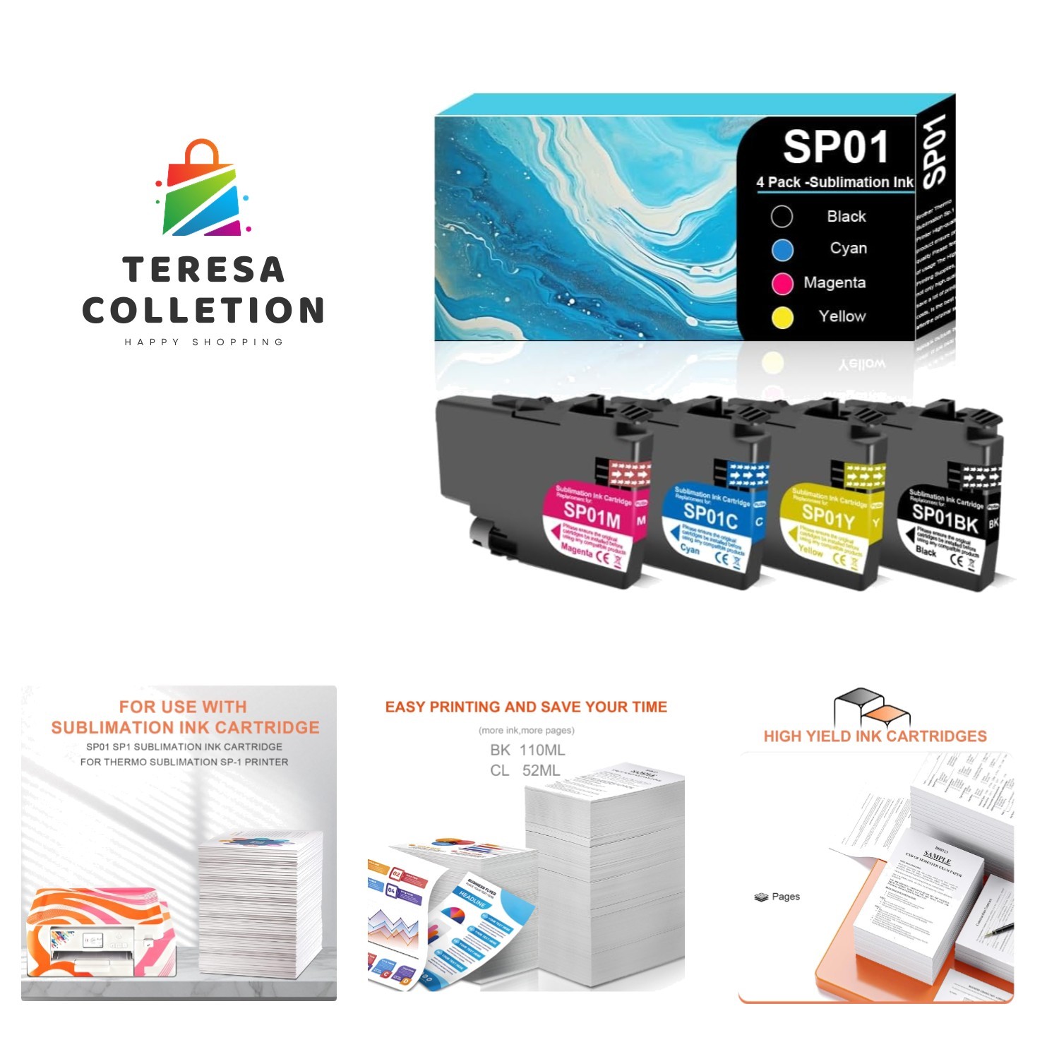 High Capacity 4-Pack Sublimation Ink Cartridges for SP01 Printer - Vibrant Co...